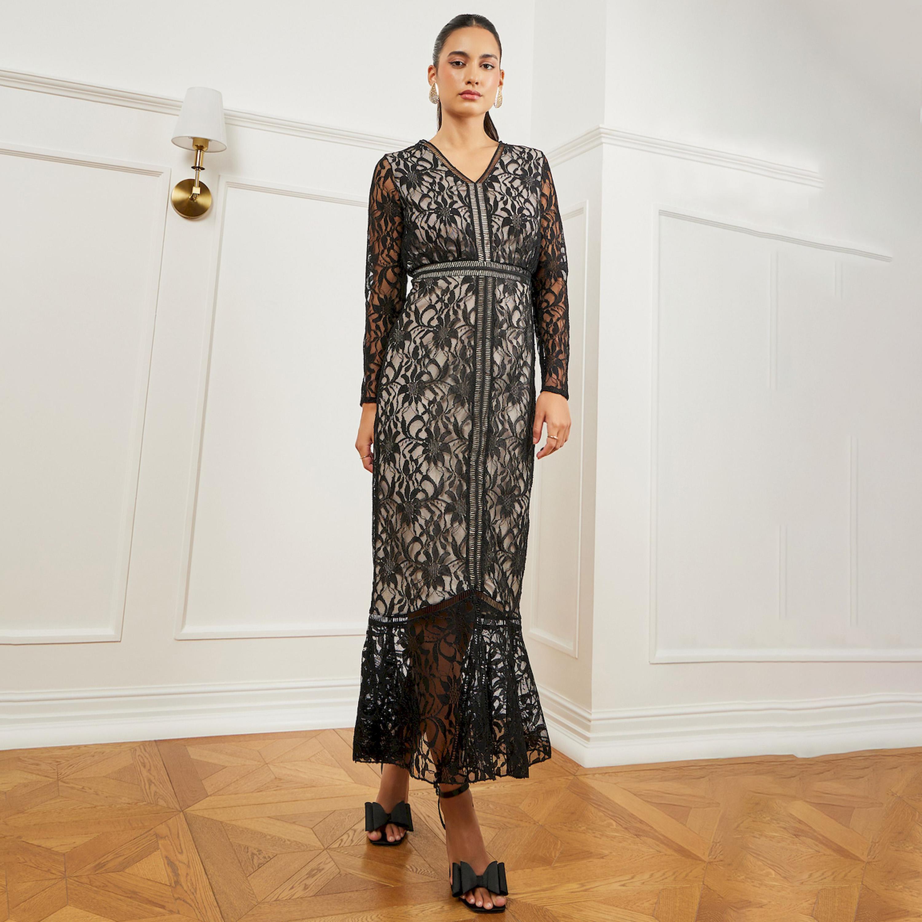 فستان طويل دانتيل بحافة بكرانيش-women-clothing-dresses-image-1