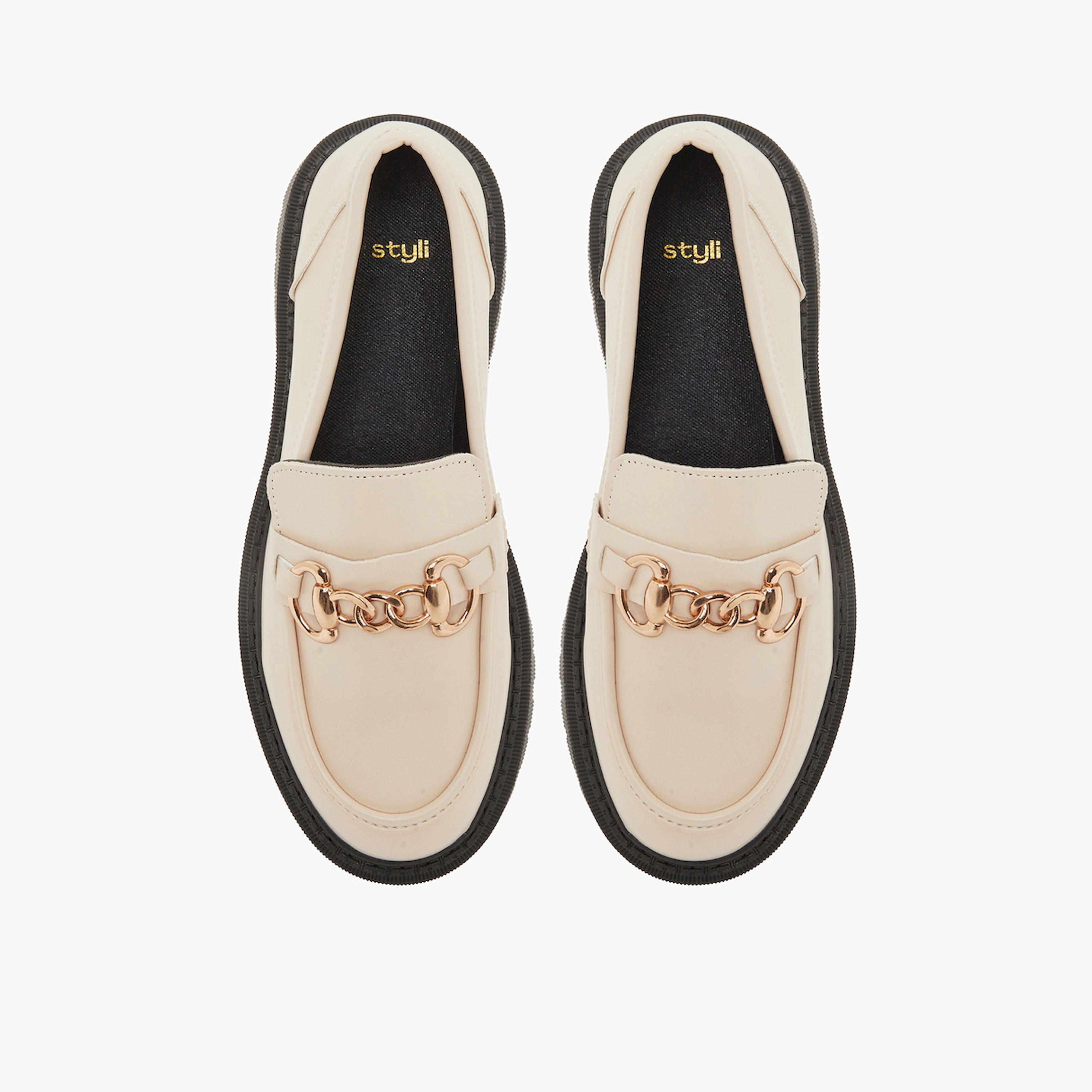 Styli Beige Chain Trim Loafers-women-shoes-loafersandmoccasins-image-5