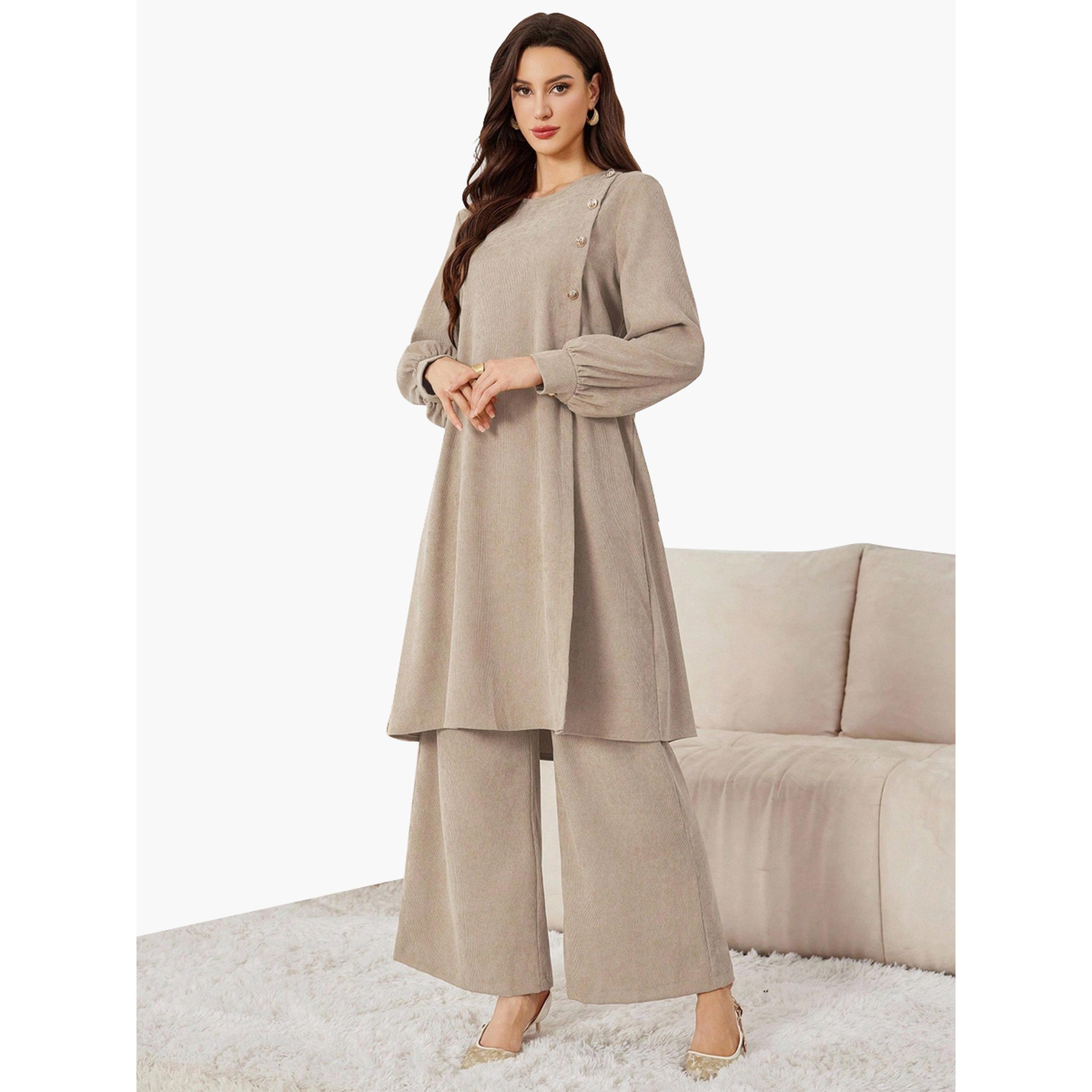 Take Two Women Beige Longline Top and Wide Leg Pants Co-Ords-women-clothing-coordsets-image-2