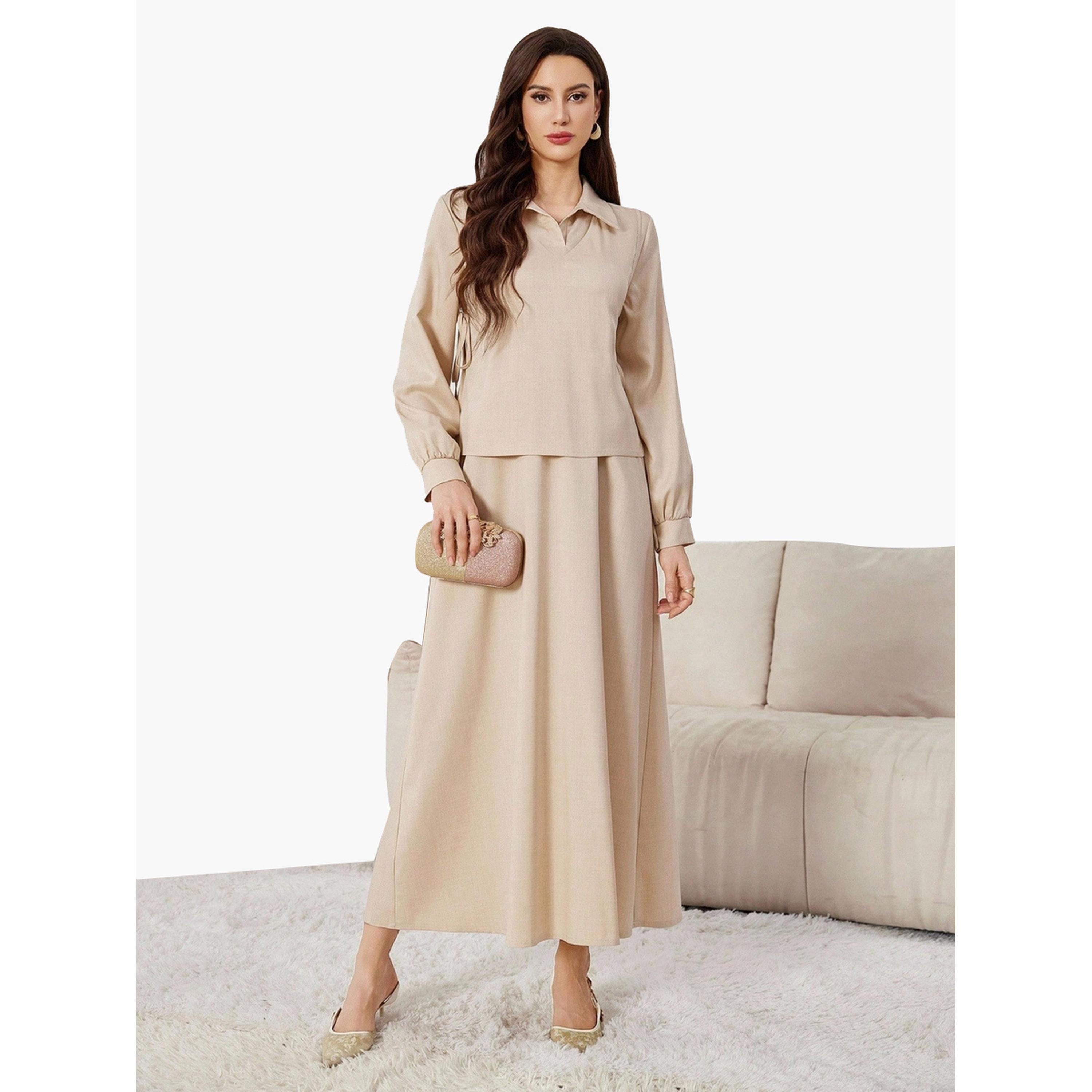 طقم منسق من فستان ماكسي وقصة بحافة واسعة مع بلوزة-women-clothing-coordsets-image-1