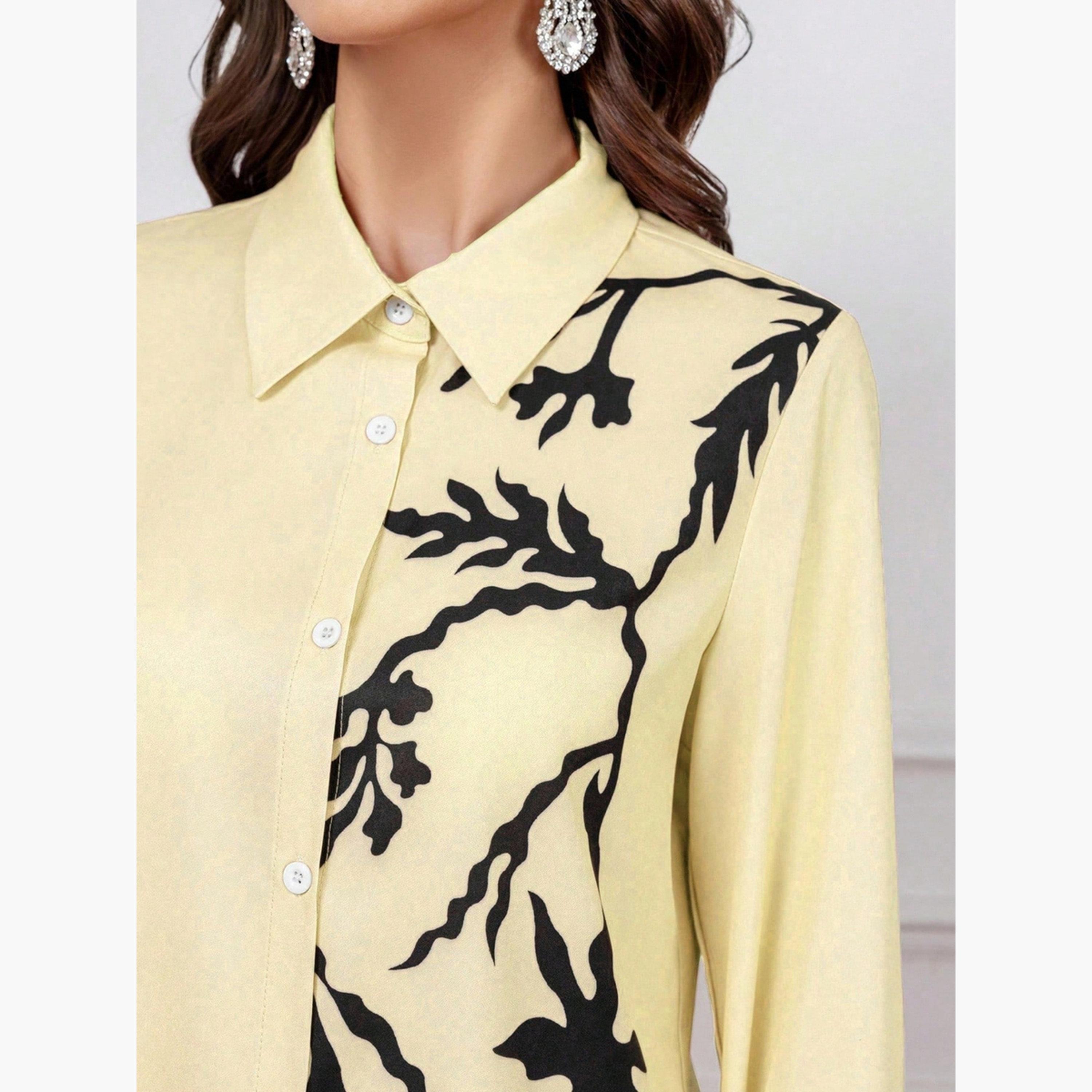 طقم منسق قميص وبنطال واسع بطبعة أوراق شجر صفراء-women-clothing-coordsets-image-5