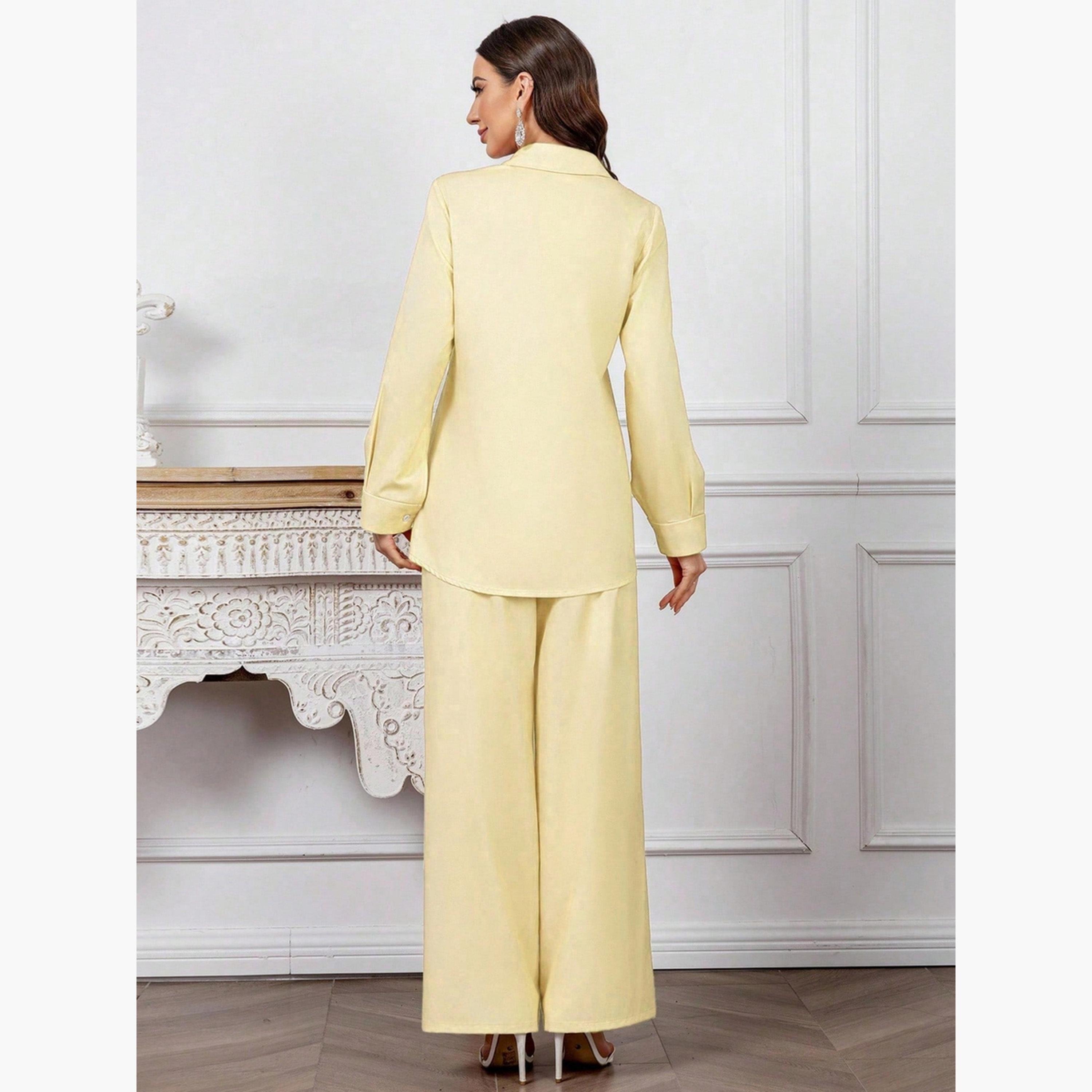 طقم منسق قميص وبنطال واسع بطبعة أوراق شجر صفراء-women-clothing-coordsets-image-6
