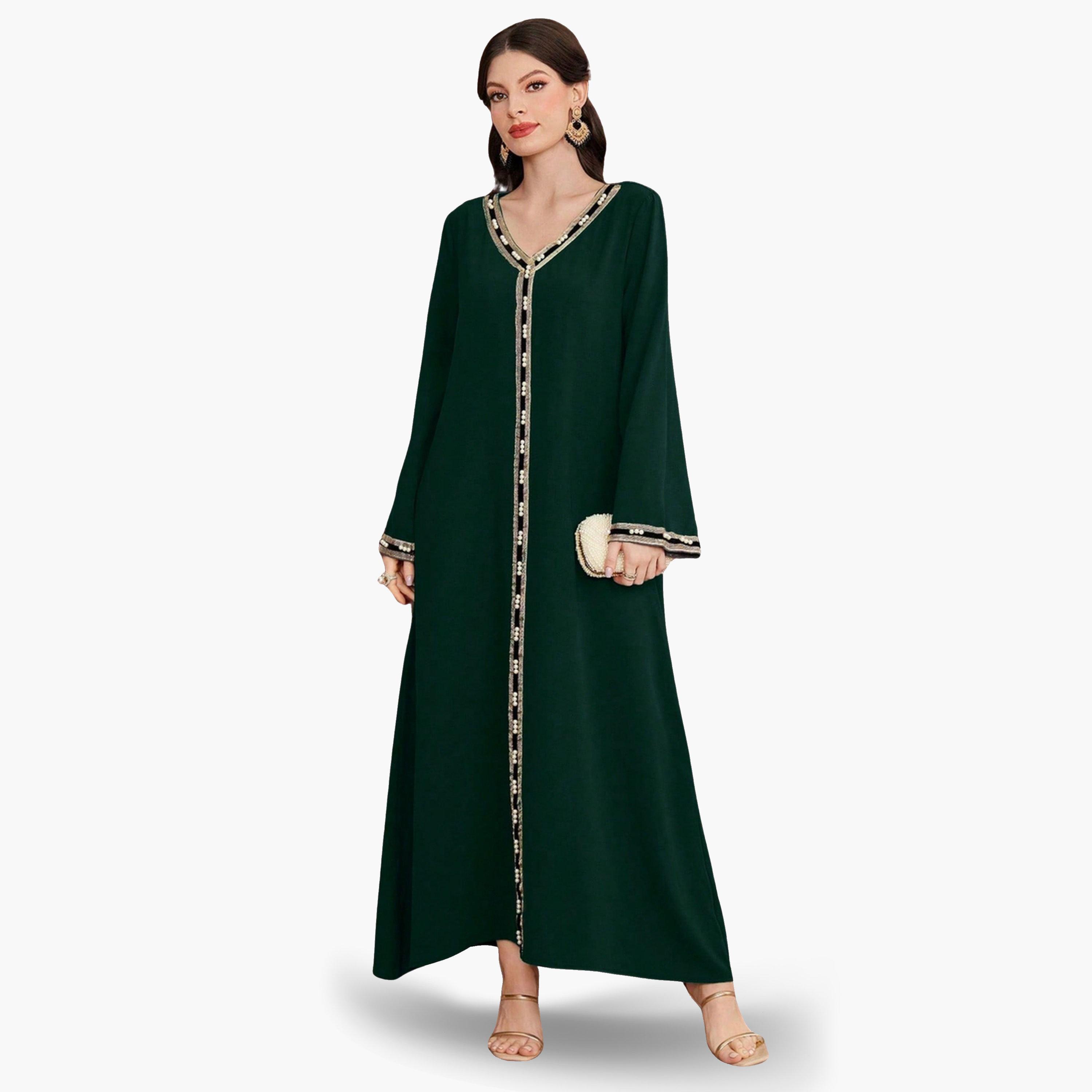 Take Two Women Dark Green Embroidered A-Line Jalabiya-women-arabicclothing-jalabiyas-image-1