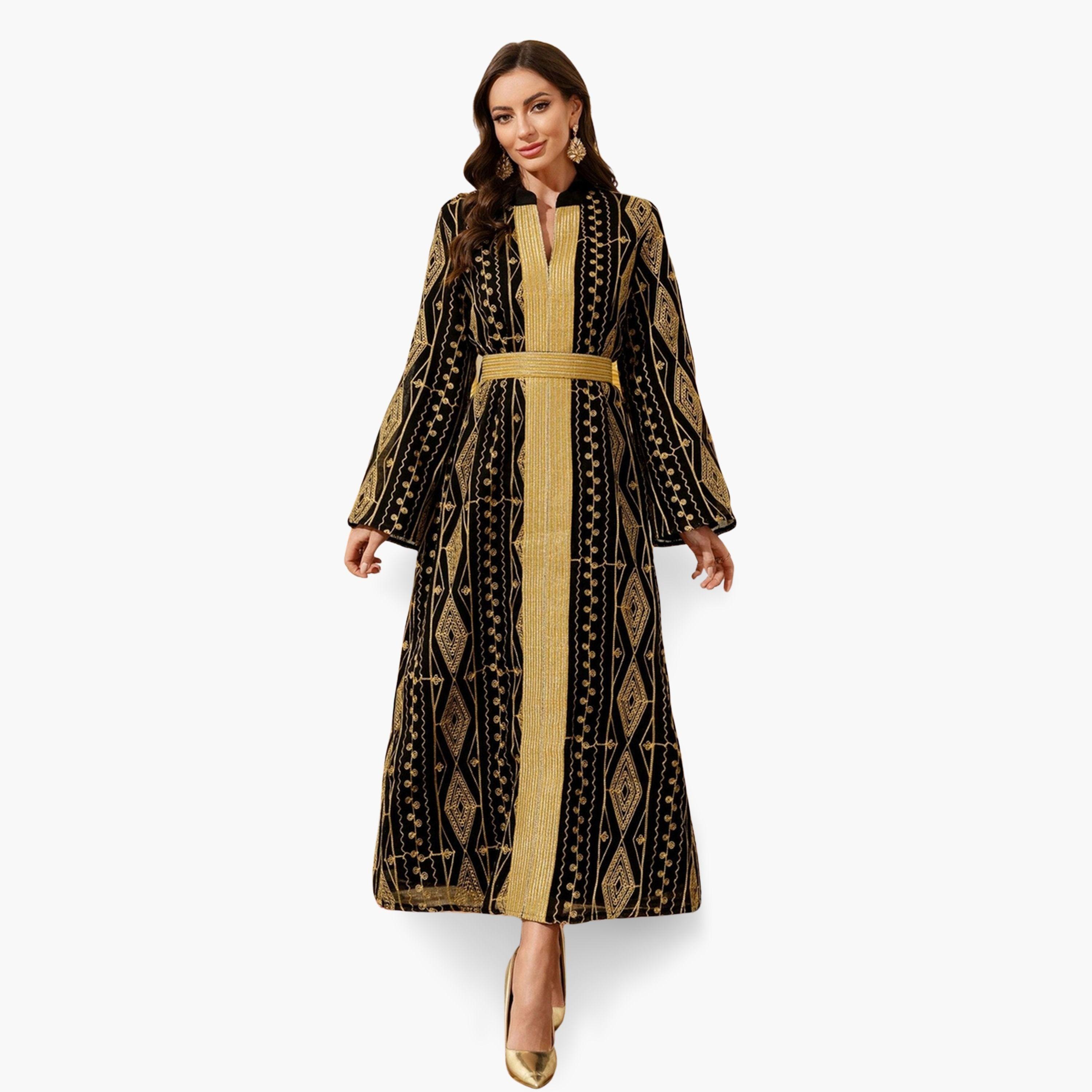 Take Two Women Black Gold Embroidered Belted Jalabiya-women-arabicclothing-jalabiyas-image-1