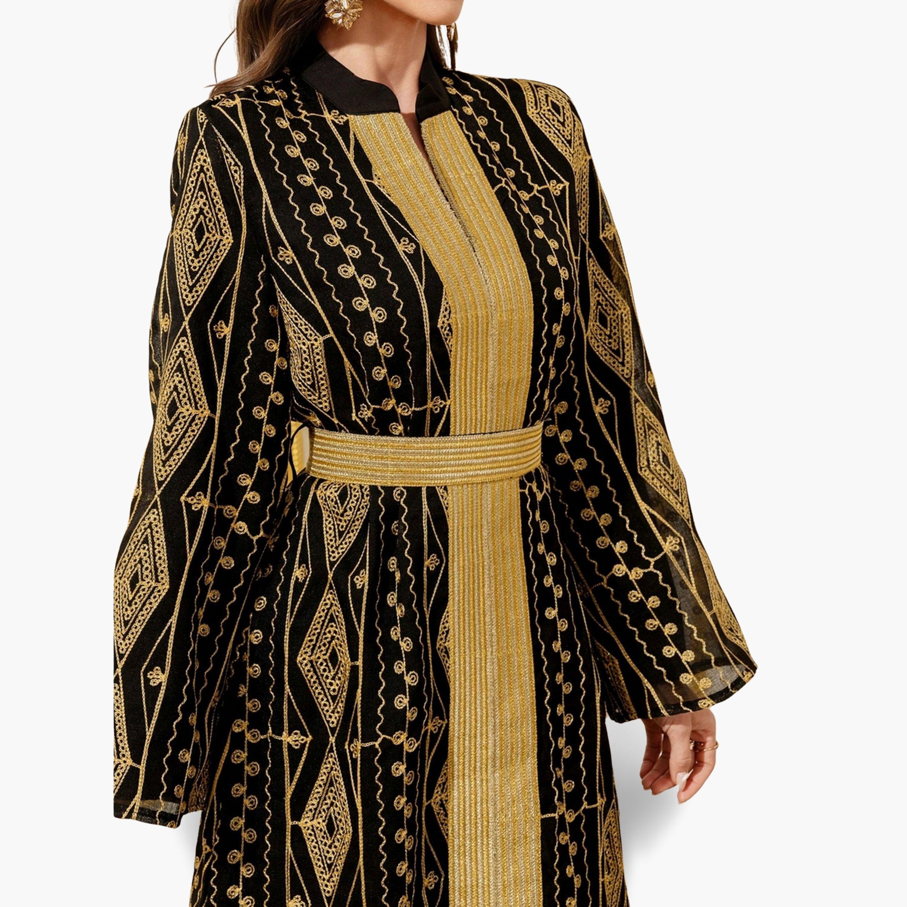 Take Two Women Black Gold Embroidered Belted Jalabiya-women-arabicclothing-jalabiyas-image-4