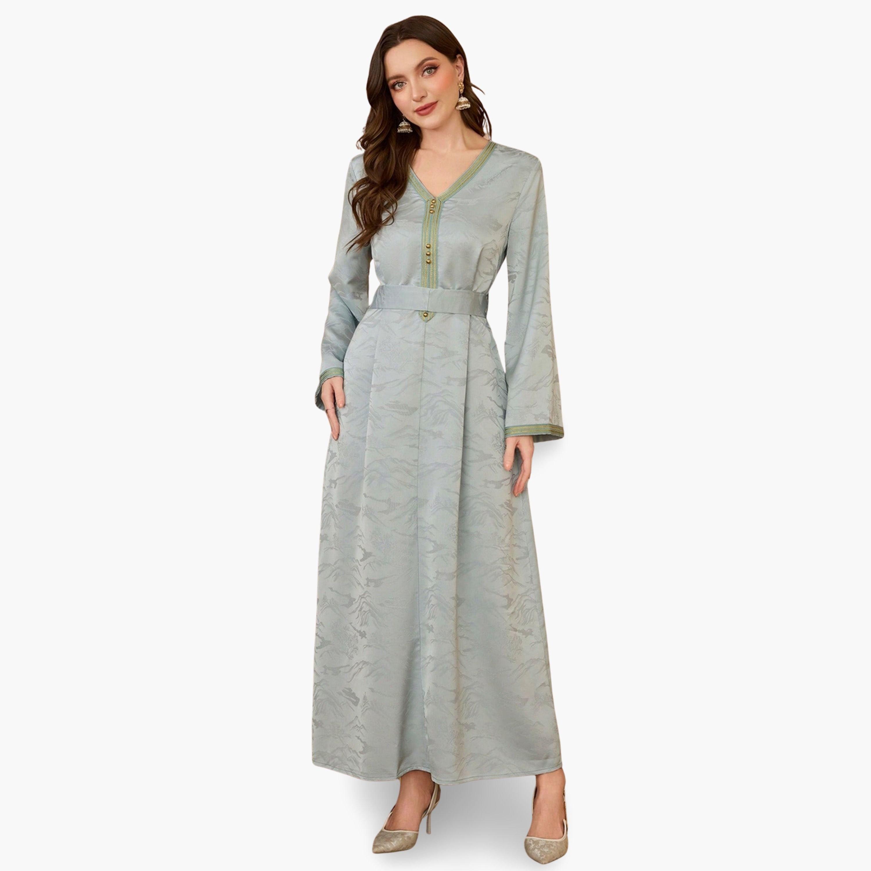 Take Two Women Blue Jacquard Belted A-Line Jalabiya-women-arabicclothing-jalabiyas-image-1