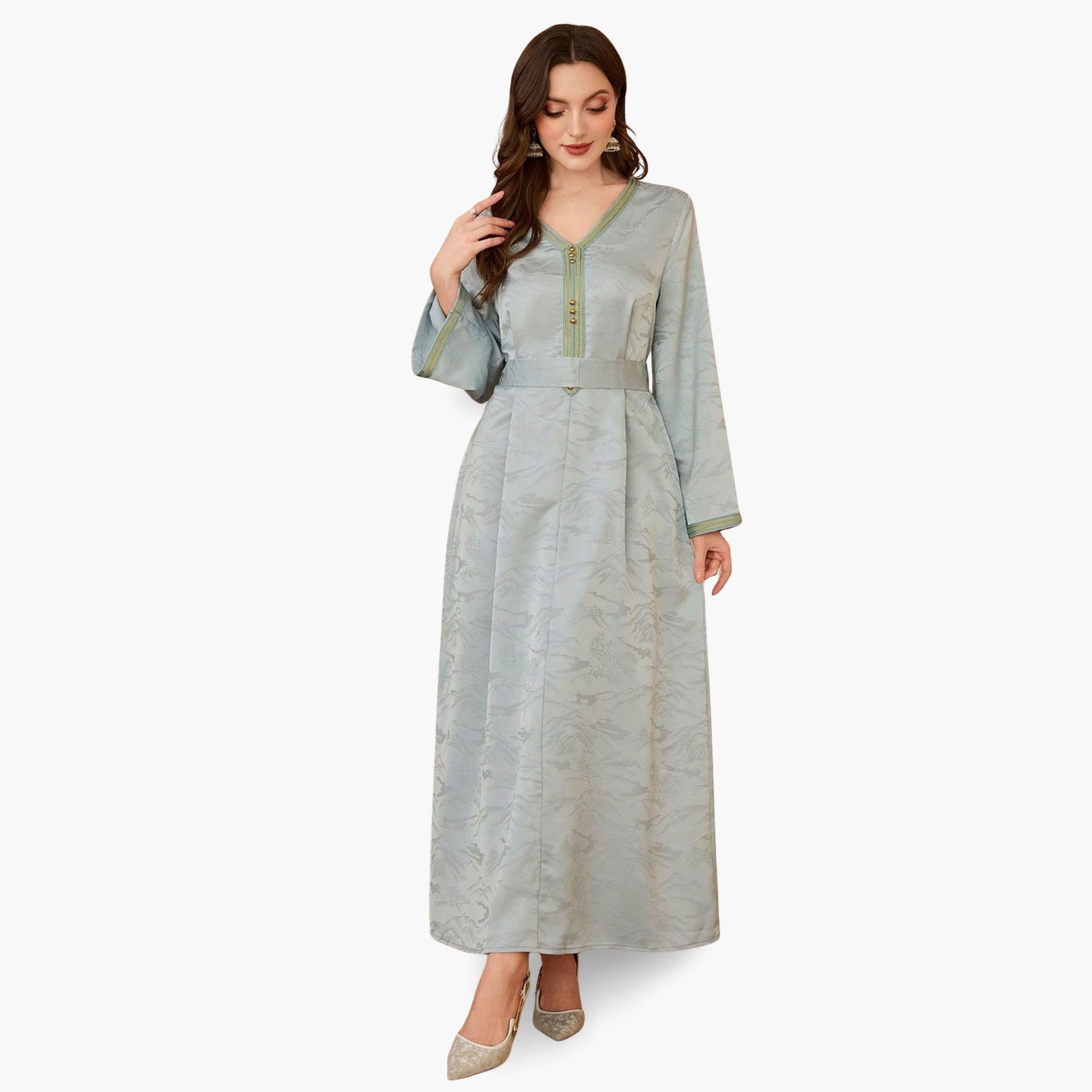 Take Two Women Blue Jacquard Belted A-Line Jalabiya-women-arabicclothing-jalabiyas-image-2
