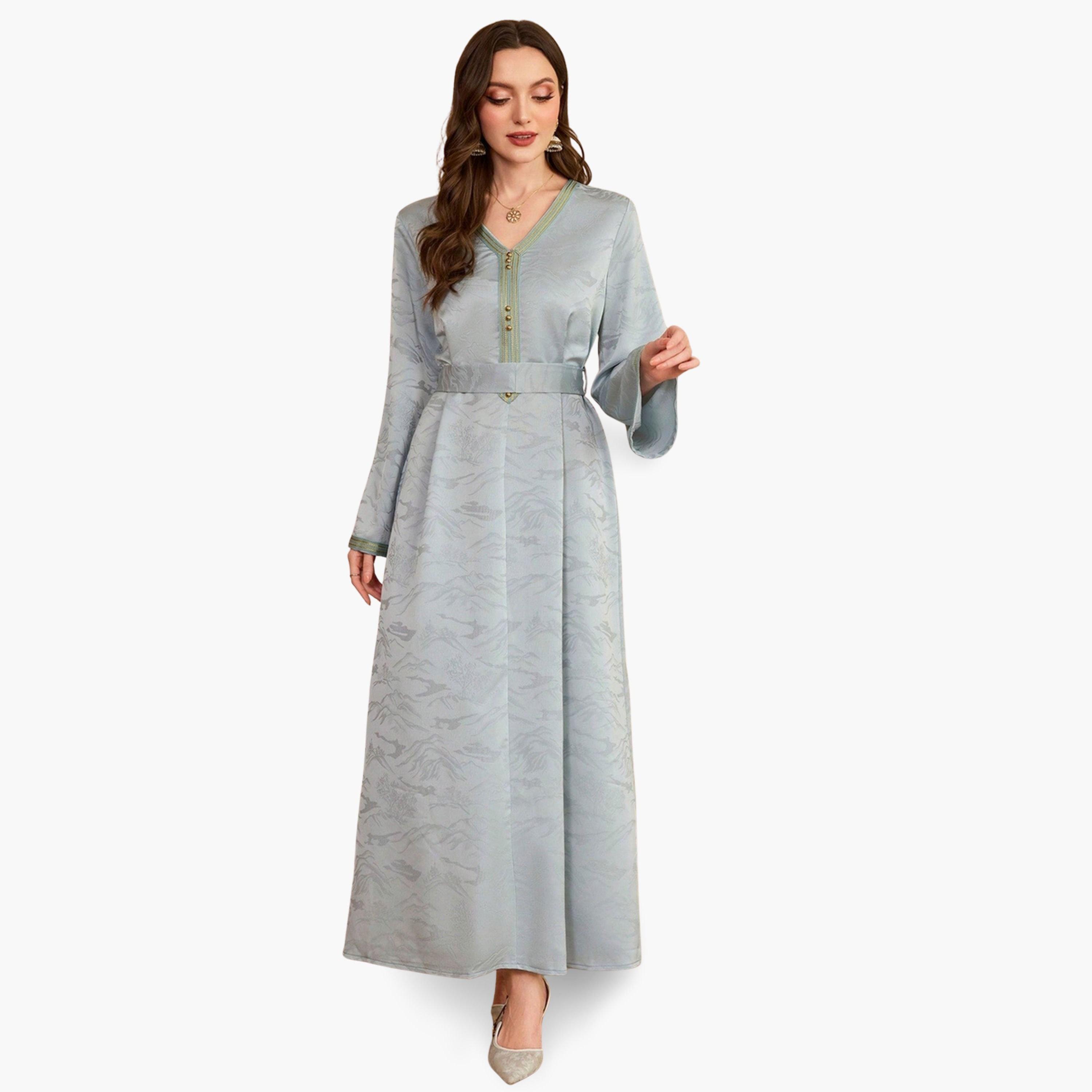 Take Two Women Blue Jacquard Belted A-Line Jalabiya-women-arabicclothing-jalabiyas-image-3