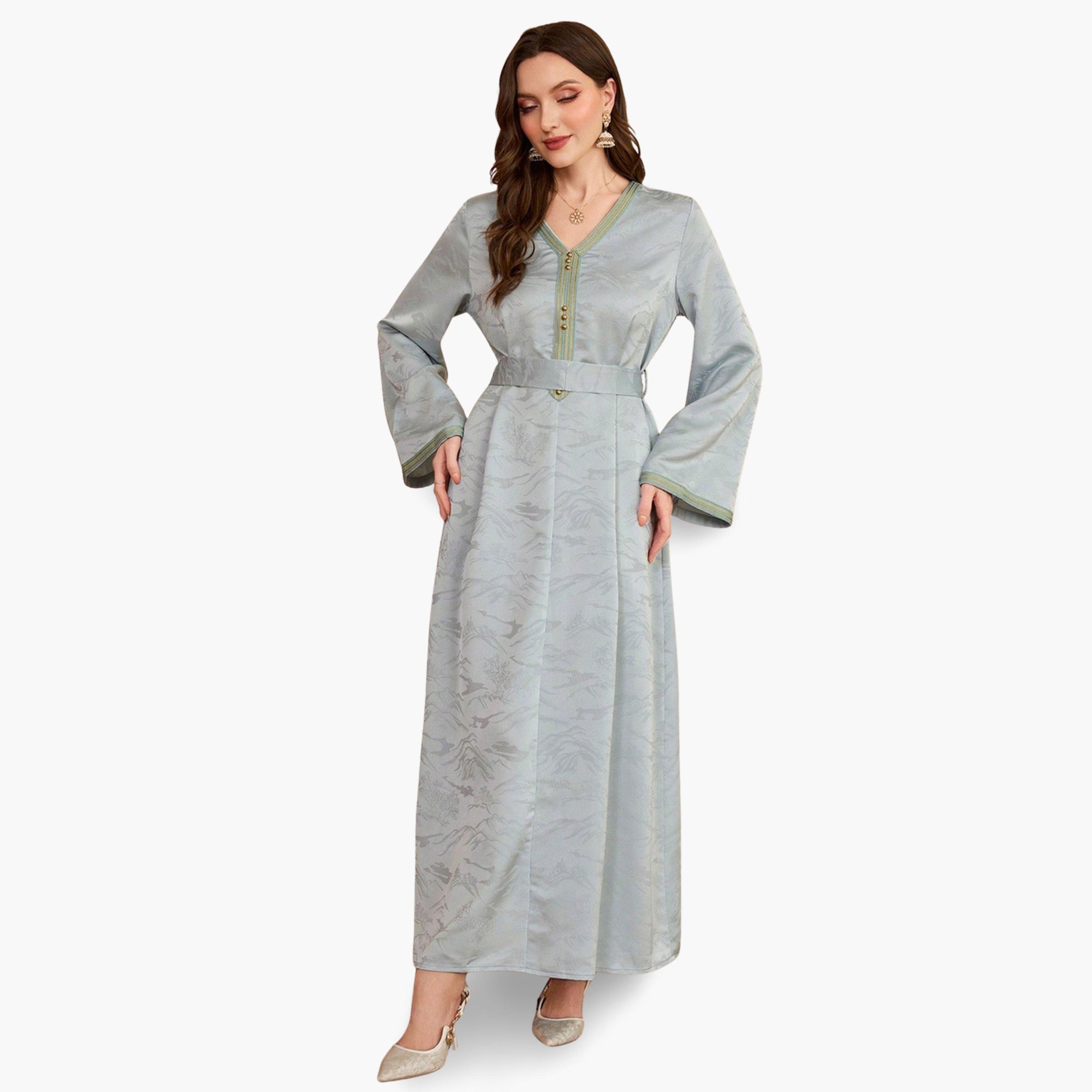 Take Two Women Blue Jacquard Belted A-Line Jalabiya-women-arabicclothing-jalabiyas-image-4