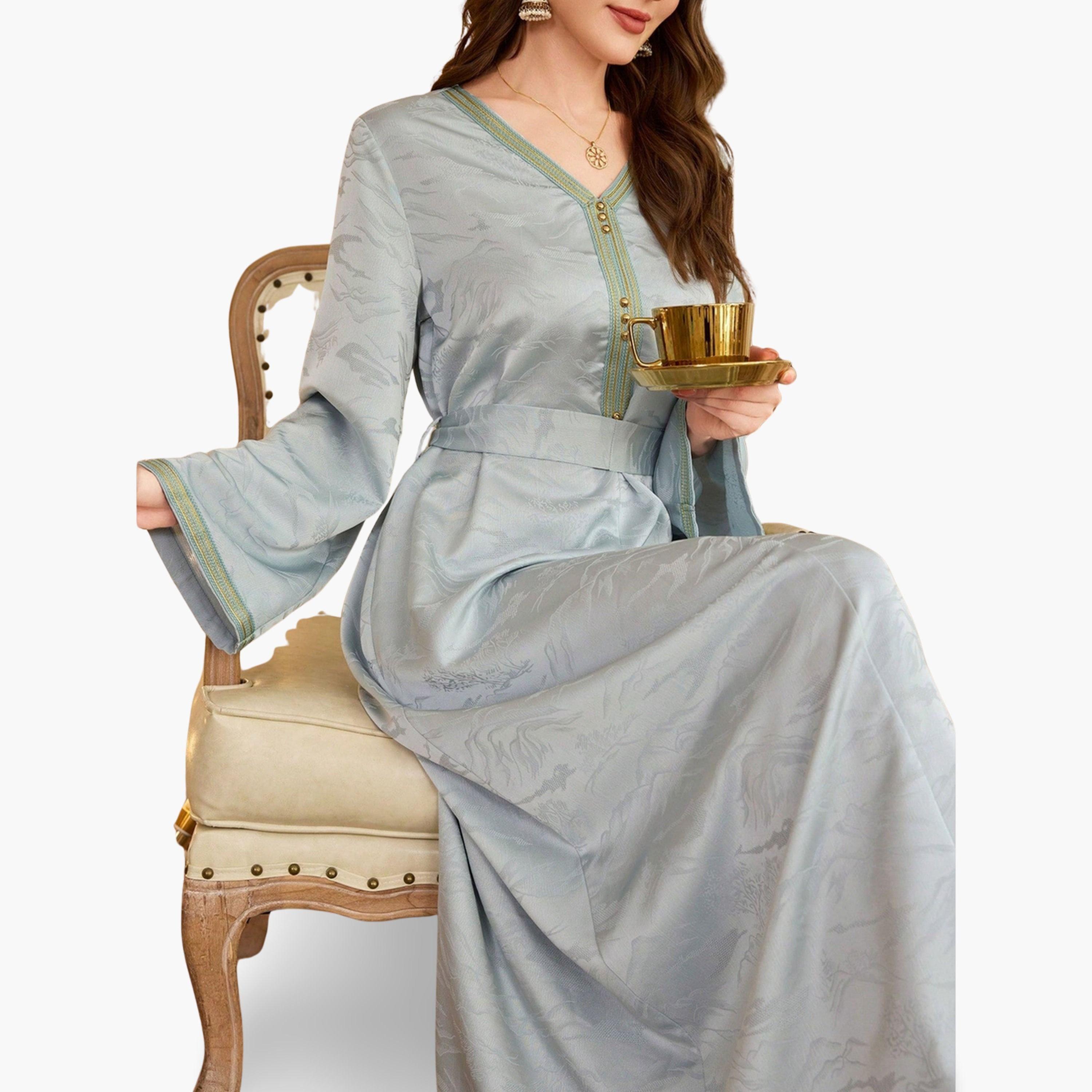 Take Two Women Blue Jacquard Belted A-Line Jalabiya-women-arabicclothing-jalabiyas-image-5
