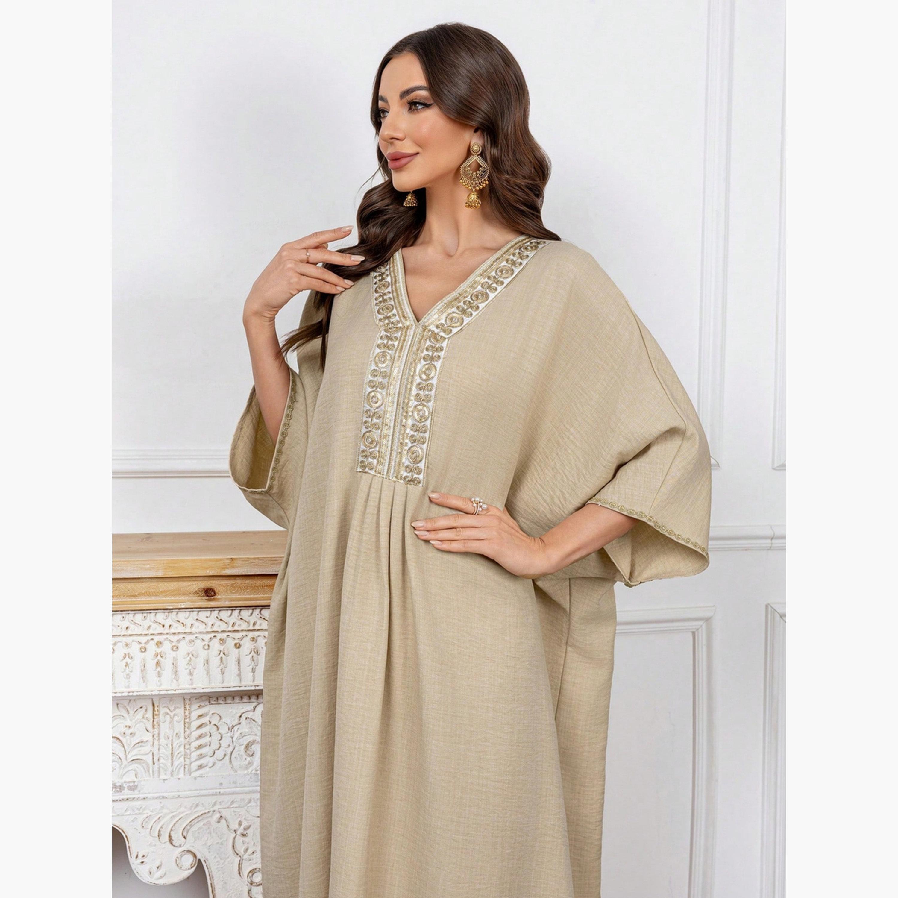 Take Two Women Beige Embroidered Batwing Sleeve Jalabiya-women-arabicclothing-jalabiyas-image-2