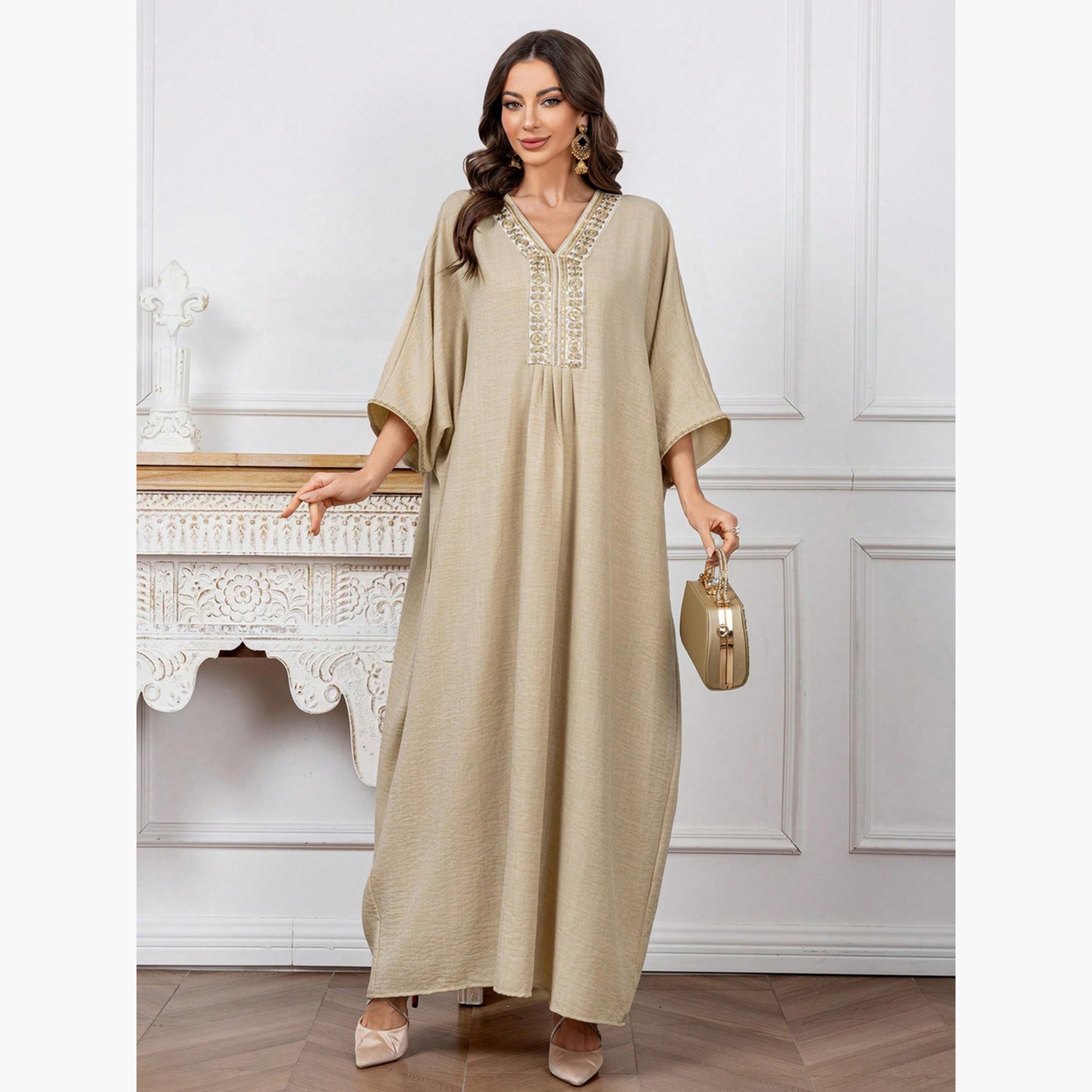 Take Two Women Beige Embroidered Batwing Sleeve Jalabiya-women-arabicclothing-jalabiyas-image-3