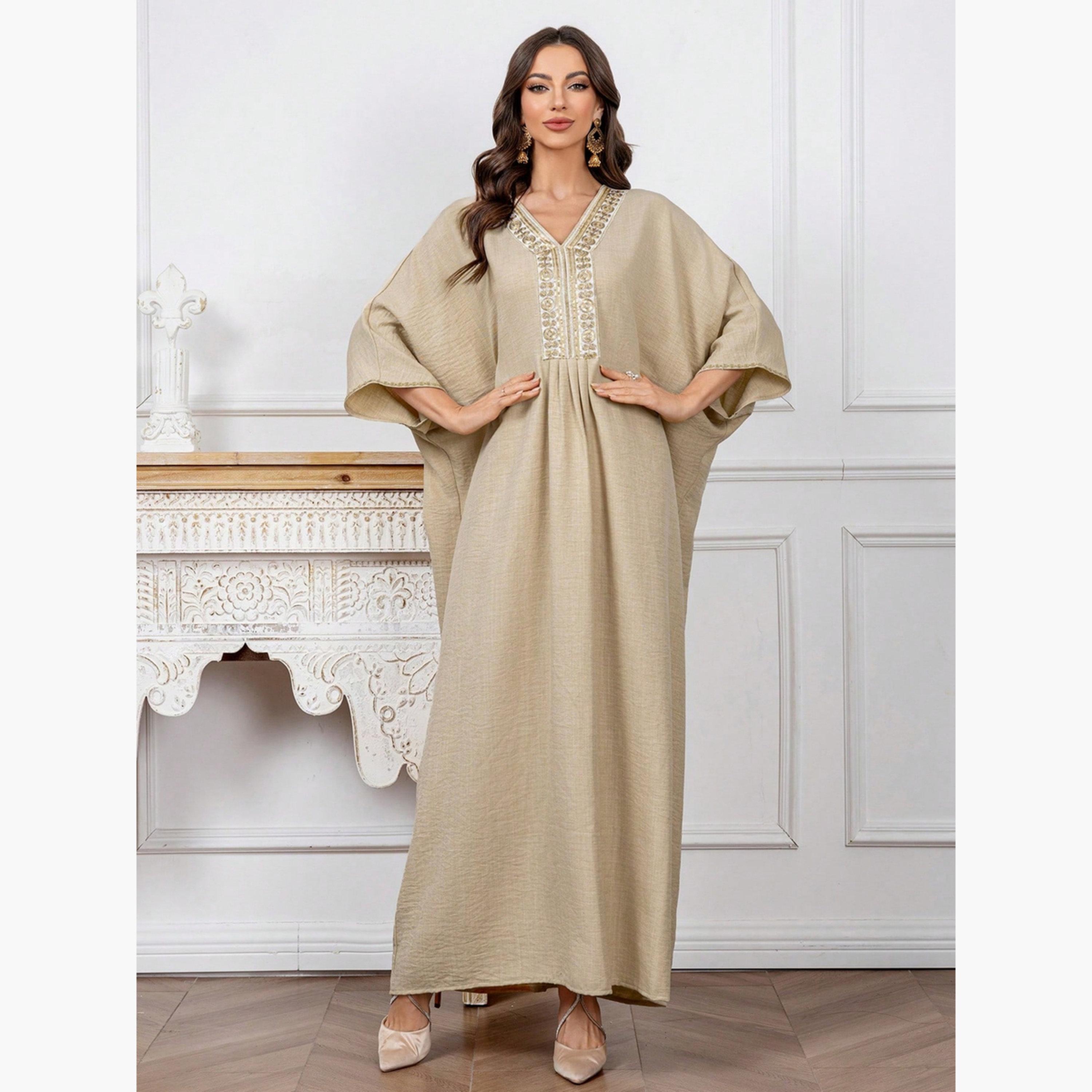Take Two Women Beige Embroidered Batwing Sleeve Jalabiya-women-arabicclothing-jalabiyas-image-4