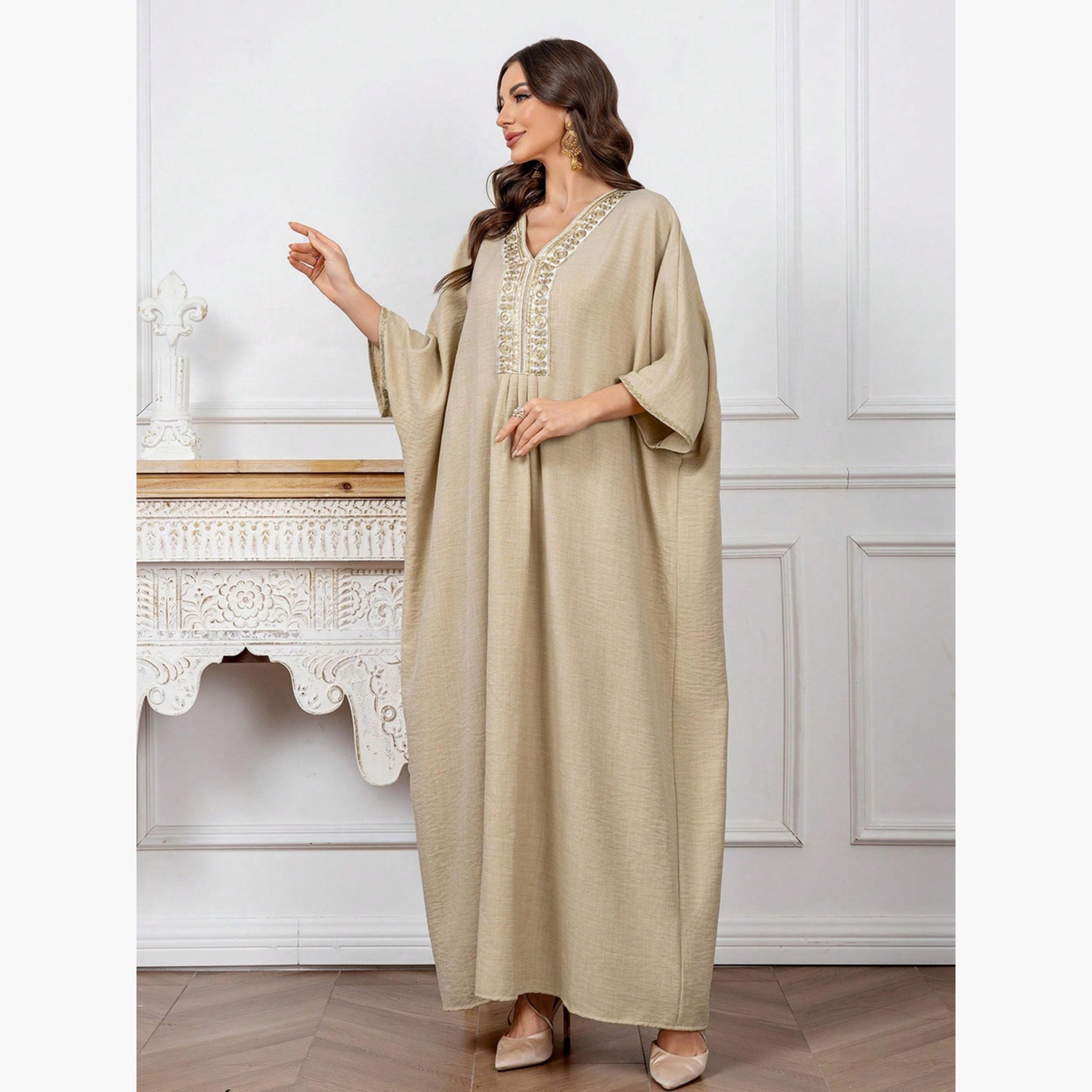 Take Two Women Beige Embroidered Batwing Sleeve Jalabiya-women-arabicclothing-jalabiyas-image-5
