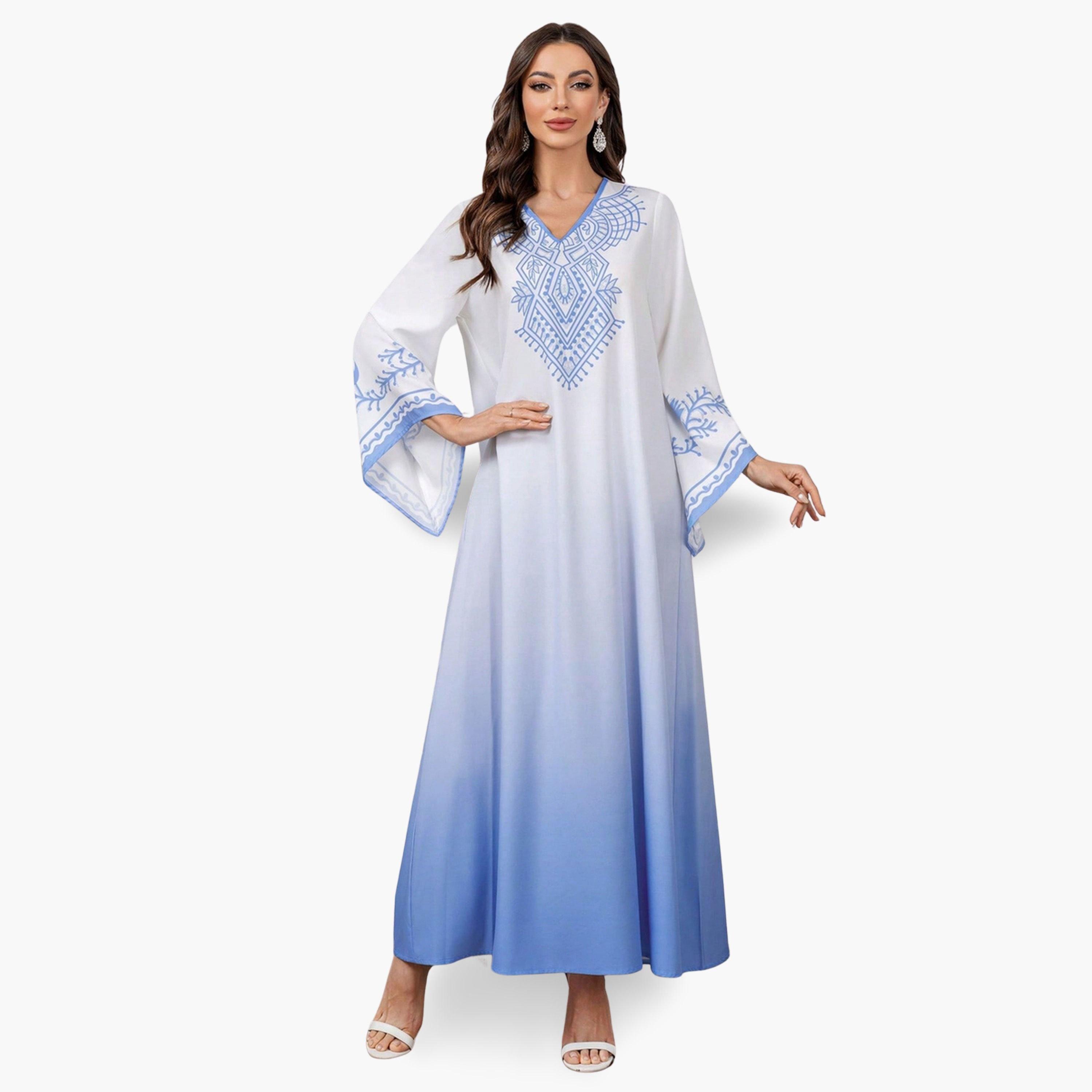 Take Two Women Blue Printed Bell Sleeve A-Line Jalabiya-women-arabicclothing-jalabiyas-image-1