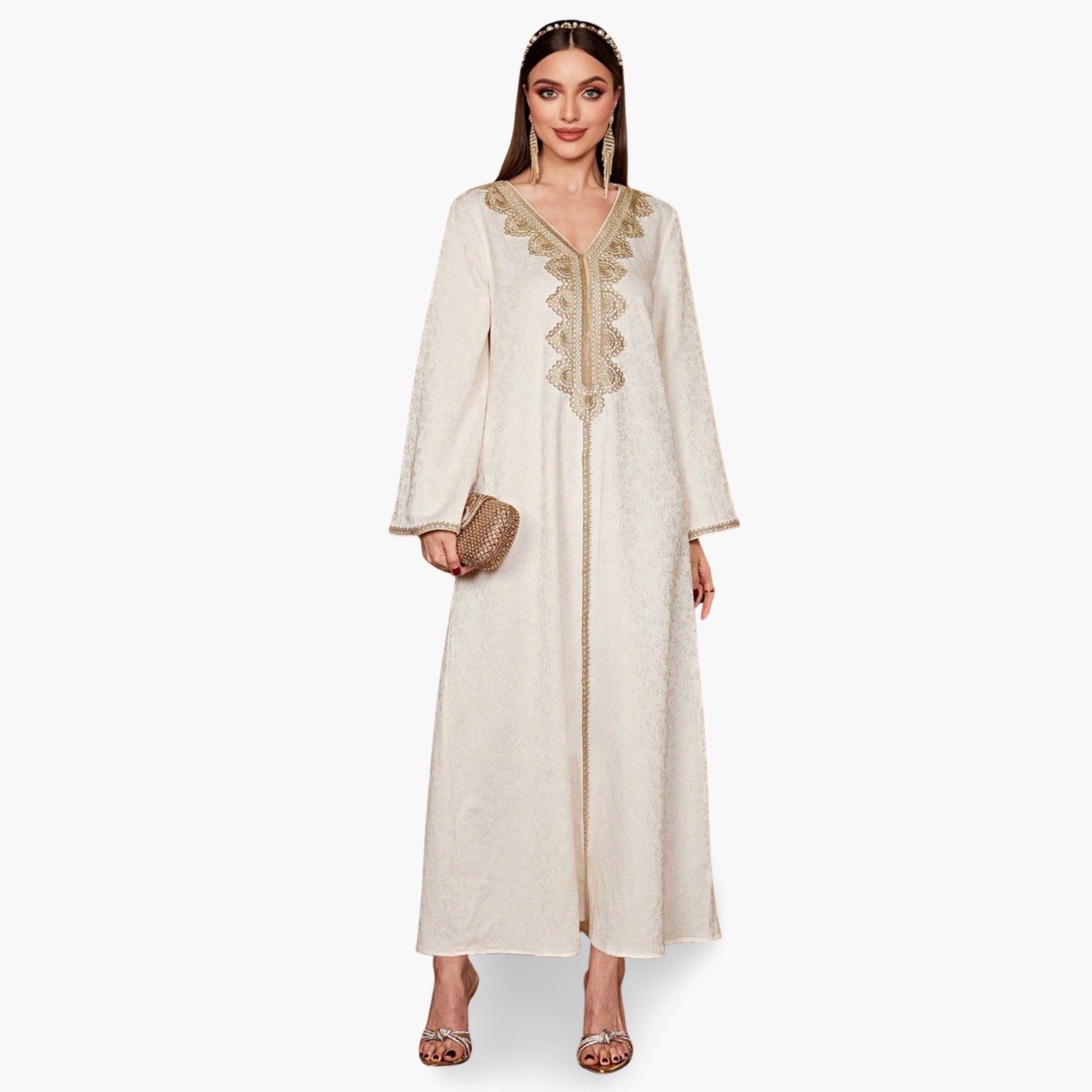 Take Two Beige V Neck Embroidered Panel Jalabiya-women-arabicclothing-jalabiyas-image-1