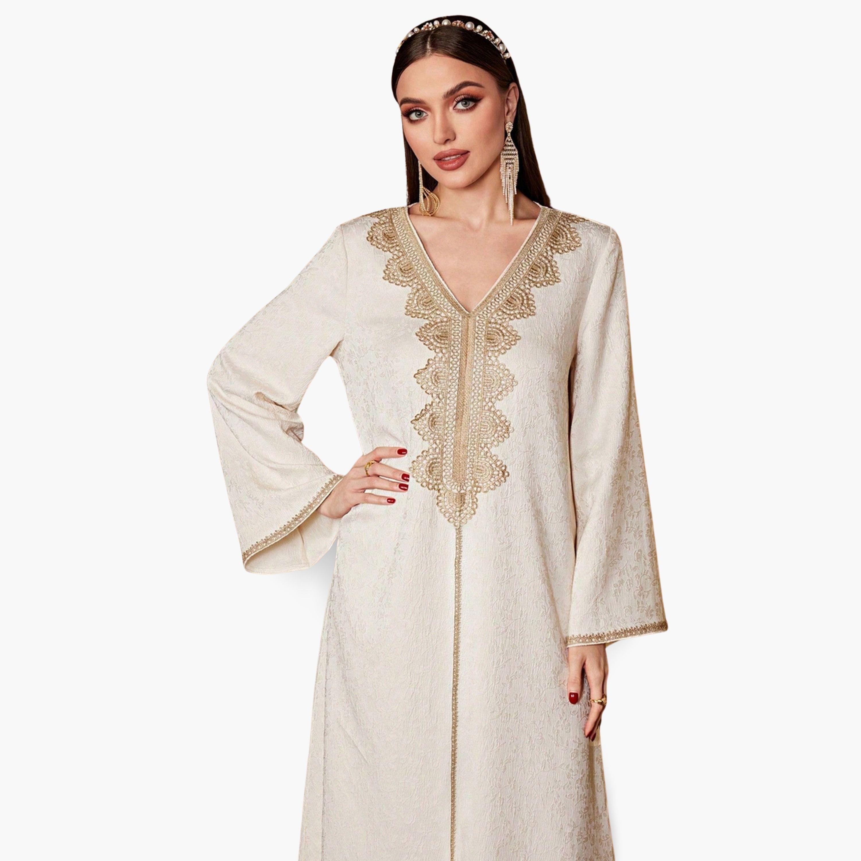 Take Two Beige V Neck Embroidered Panel Jalabiya-women-arabicclothing-jalabiyas-image-2