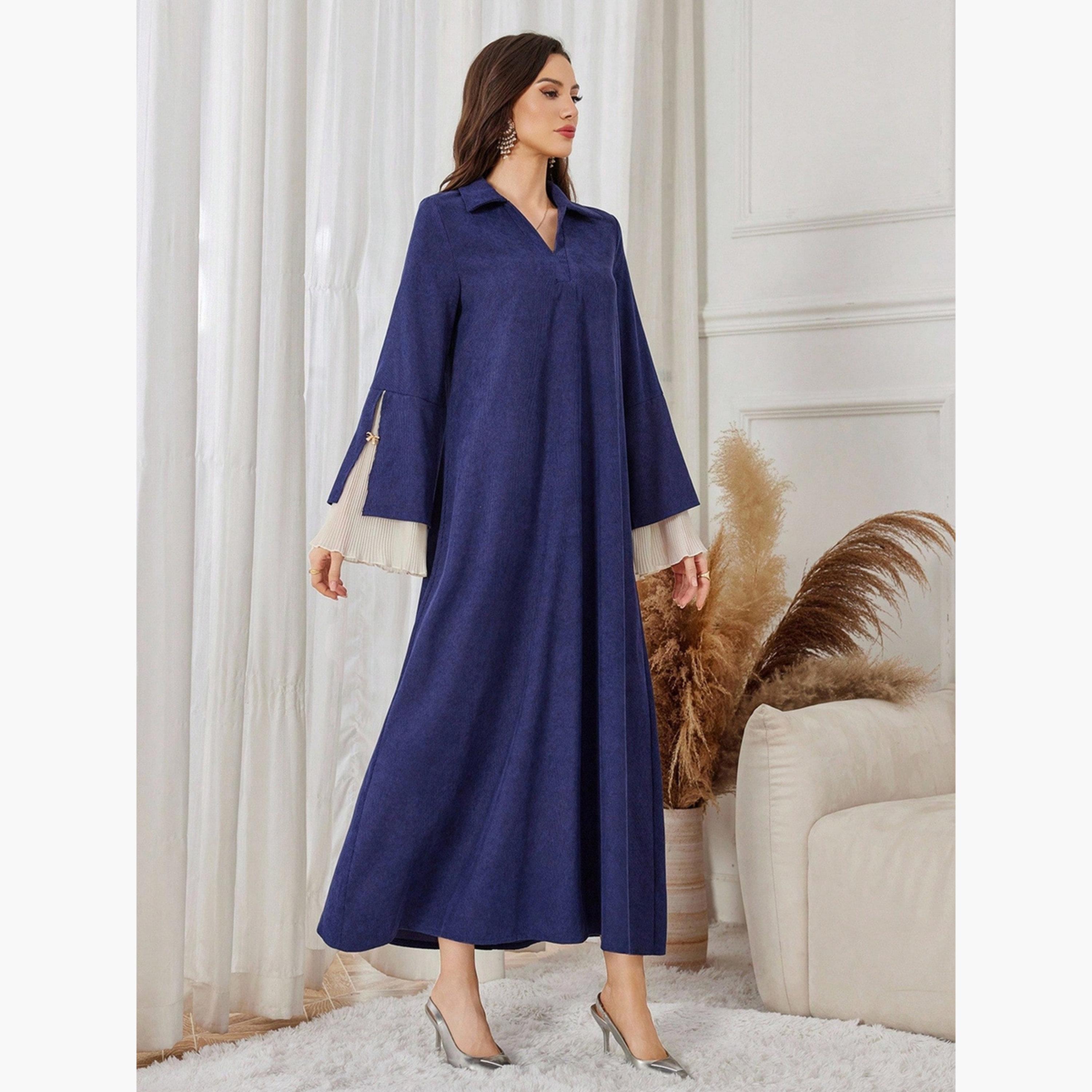 جلابية كحلي بياقة مفتوحة وأكمام واسعة-women-arabicclothing-jalabiyas-image-4