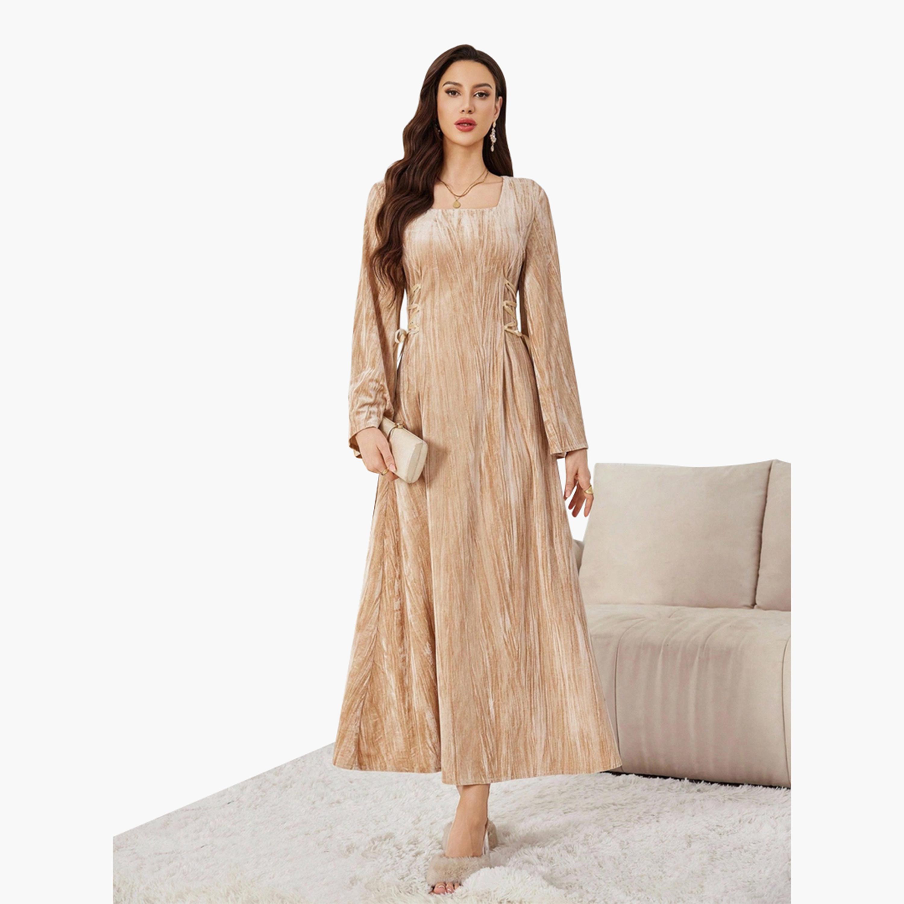 Take Two Women Beige Textured Waist Tie Maxi Dress-women-clothing-dresses-image-1