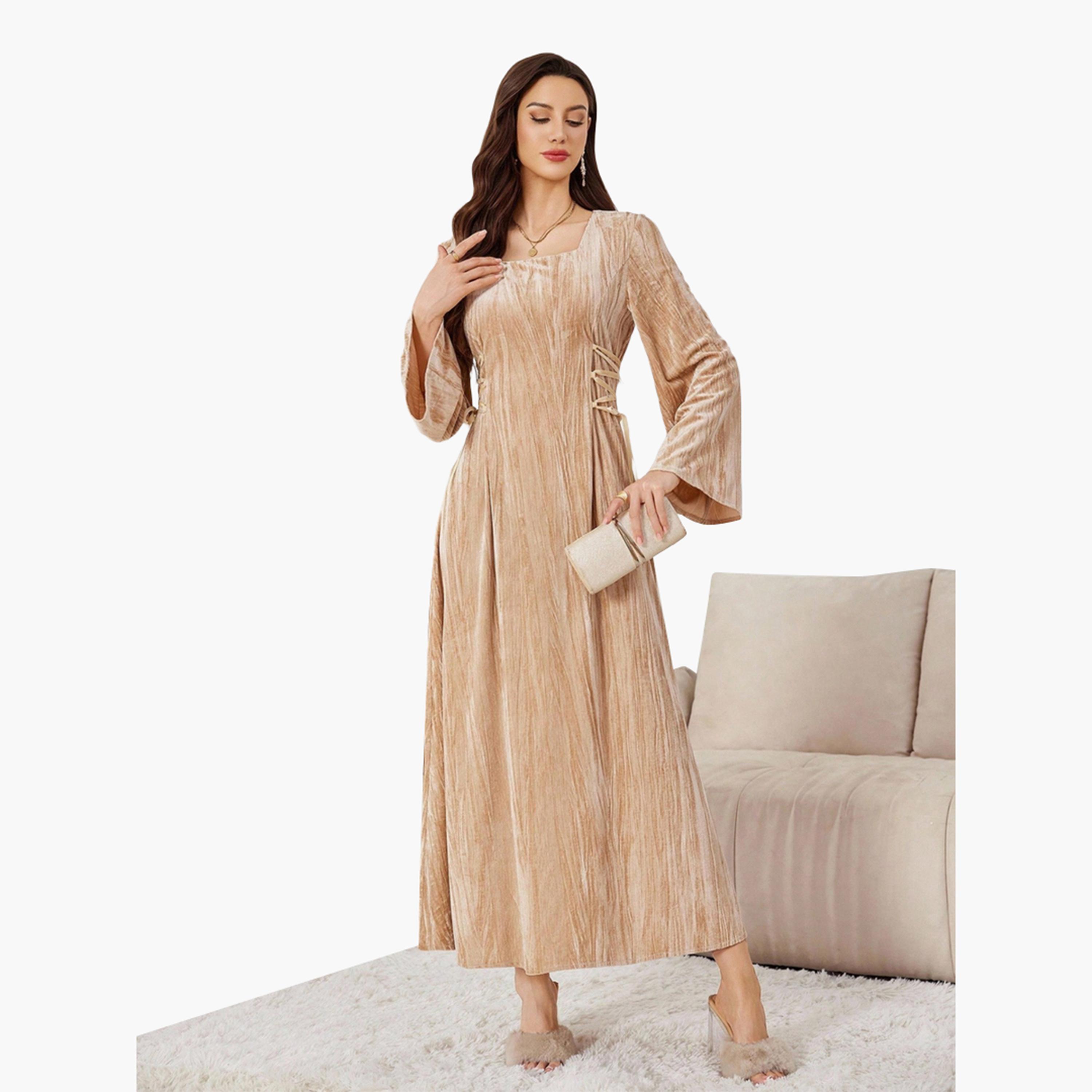Take Two Women Beige Textured Waist Tie Maxi Dress-women-clothing-dresses-image-4