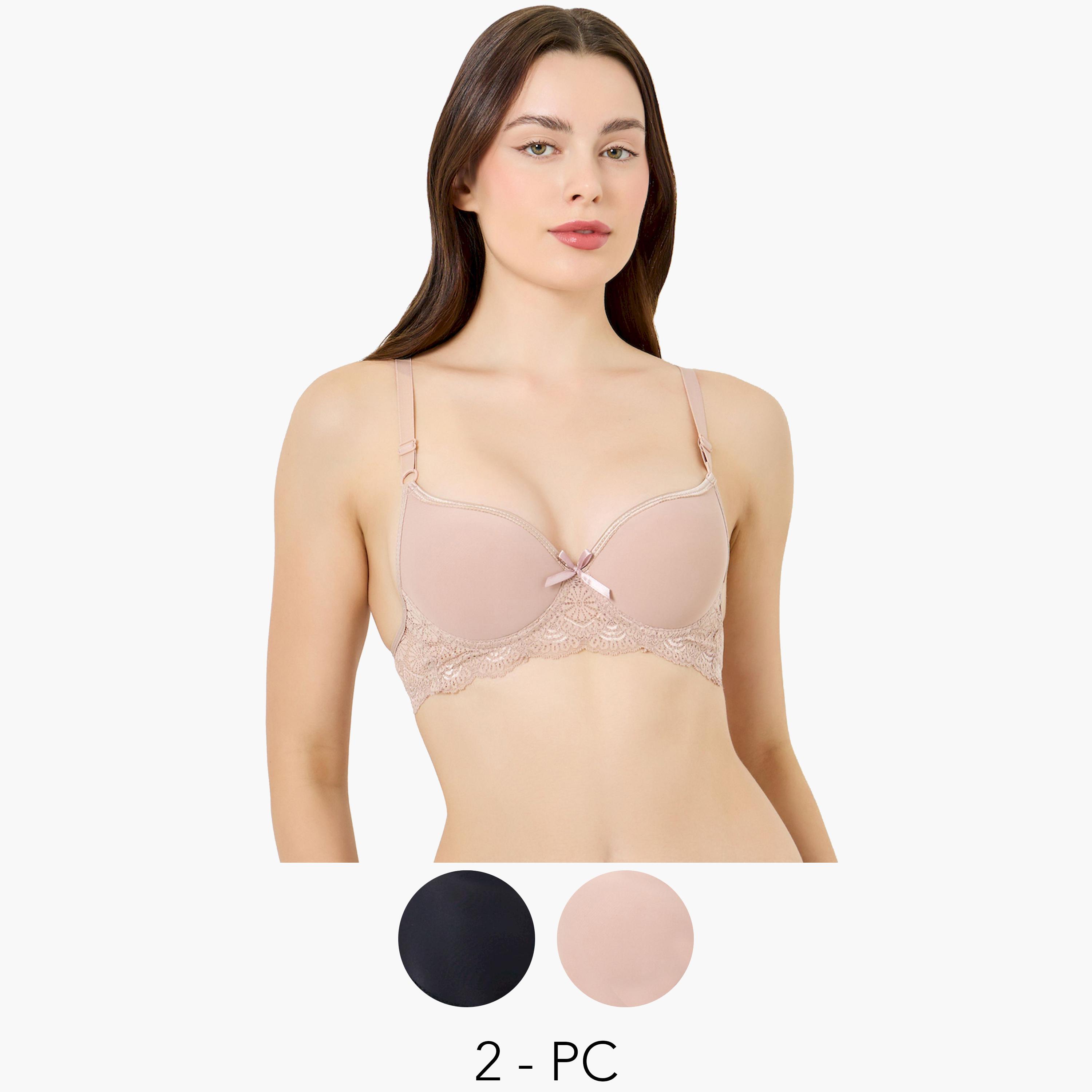 Styli Pack of 2 - Padded Wired Lace Band Detail Balconette Push-Up Bra-women-clothing-lingerie-bras-image-1