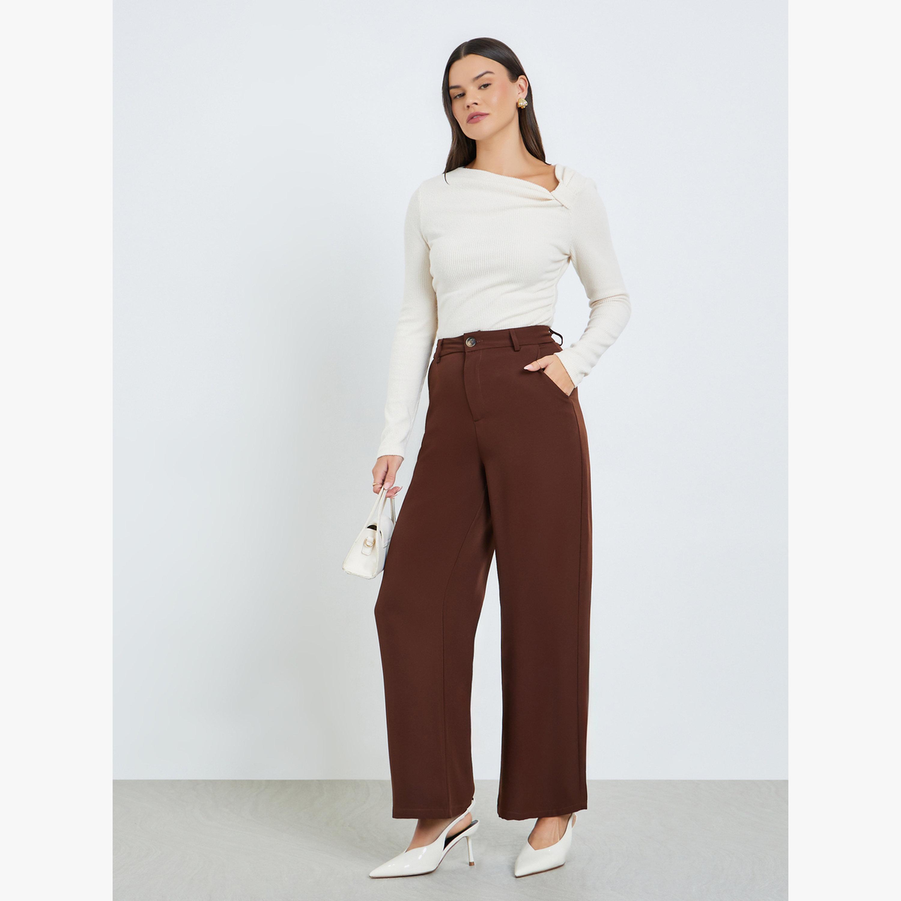 Take Two Brown Solid Wide Leg Trousers-women-clothing-bottoms-trousers-image-2