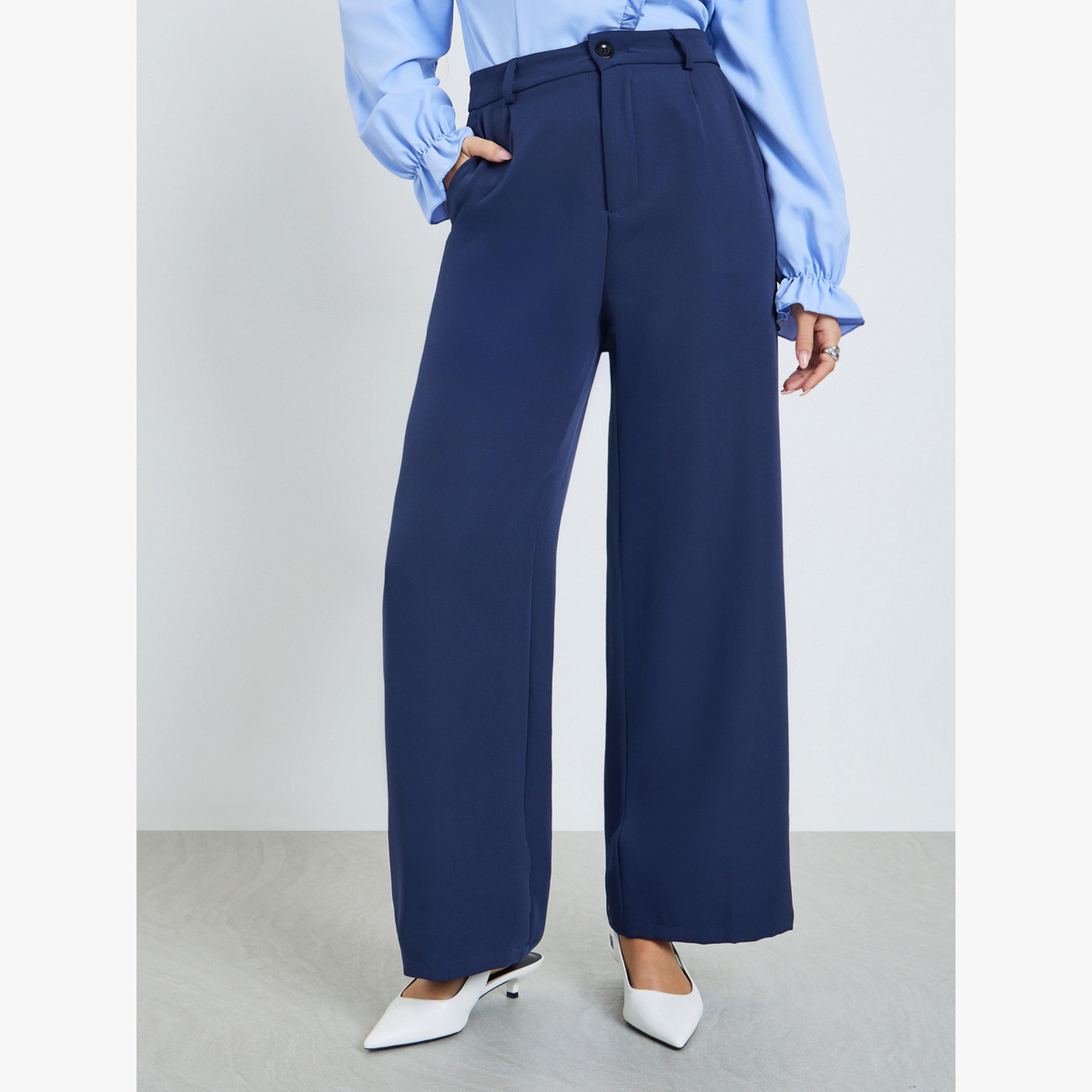Take Two Navy Blue Solid Straight Leg Trousers-women-clothing-bottoms-trousers-image-1