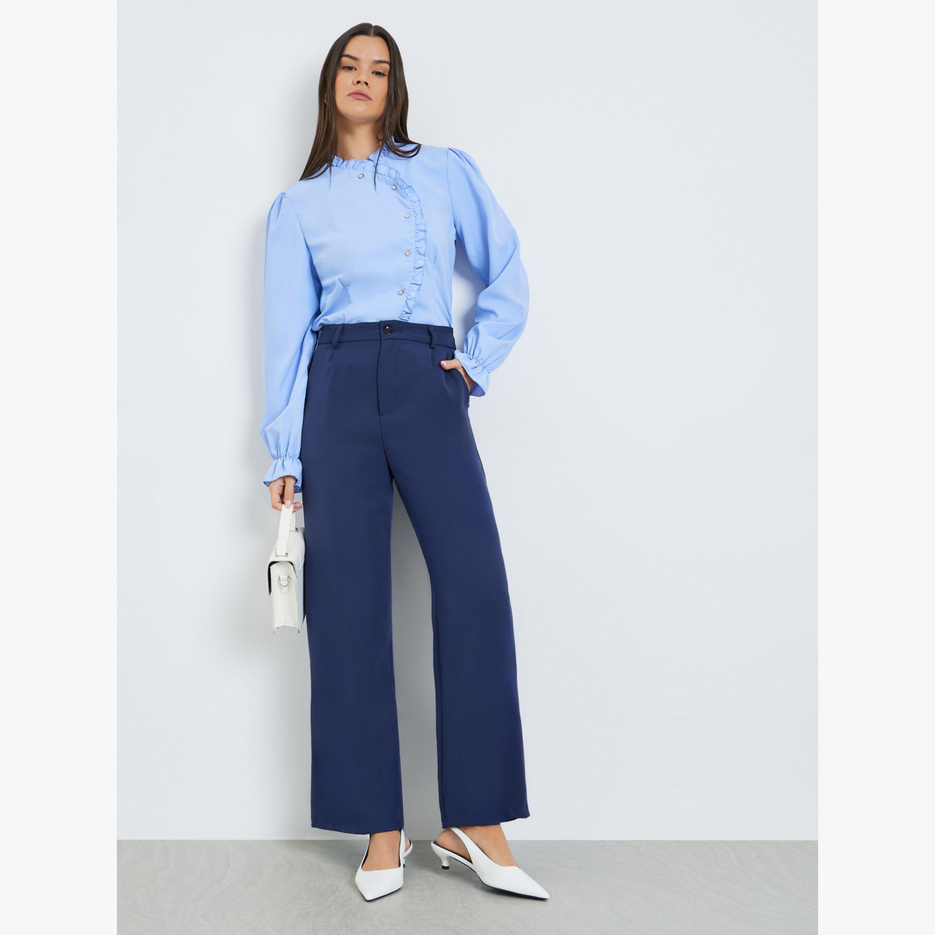 Take Two Navy Blue Solid Straight Leg Trousers-women-clothing-bottoms-trousers-image-2