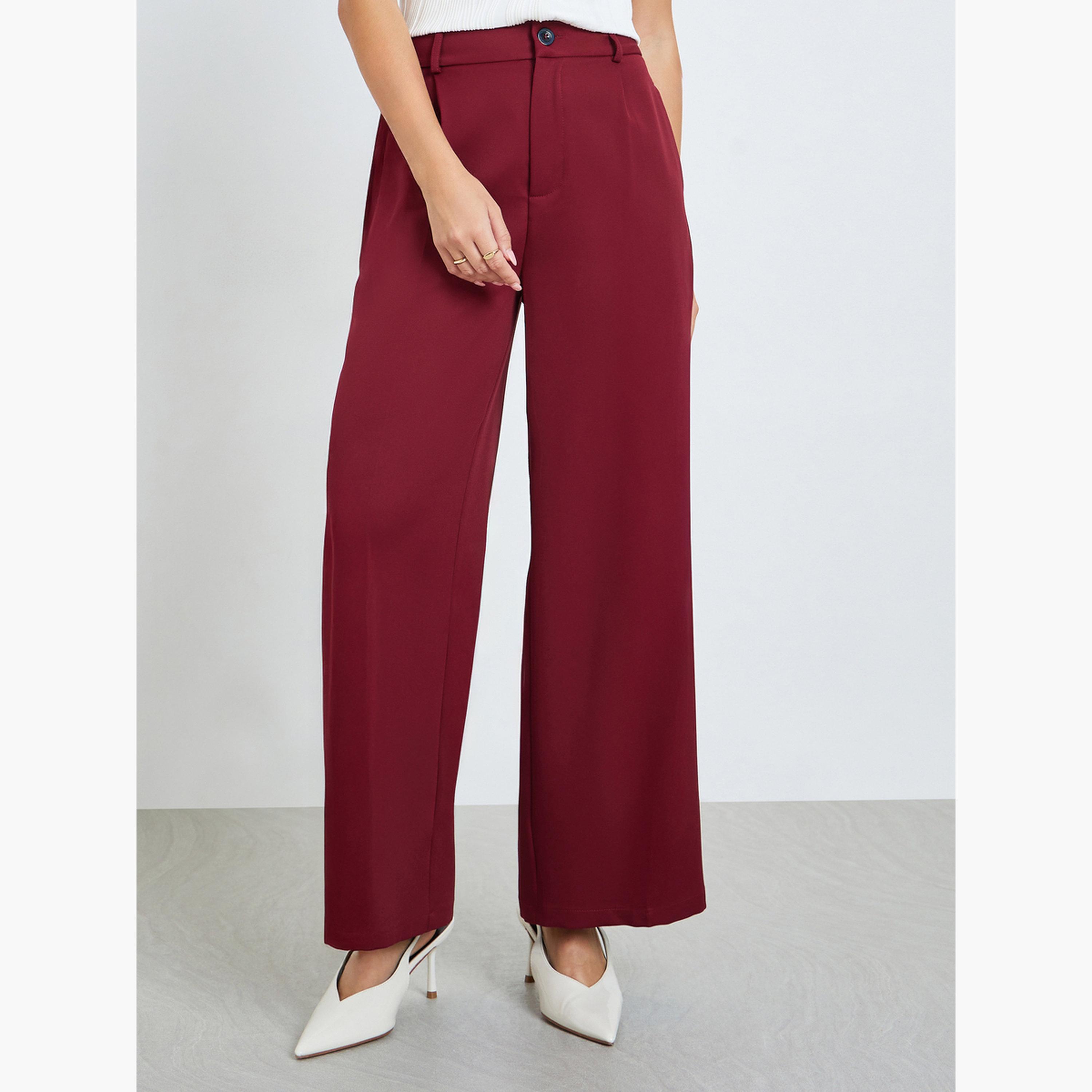 Take Two Burgundy Solid Wide Leg Trousers-women-clothing-bottoms-trousers-image-1