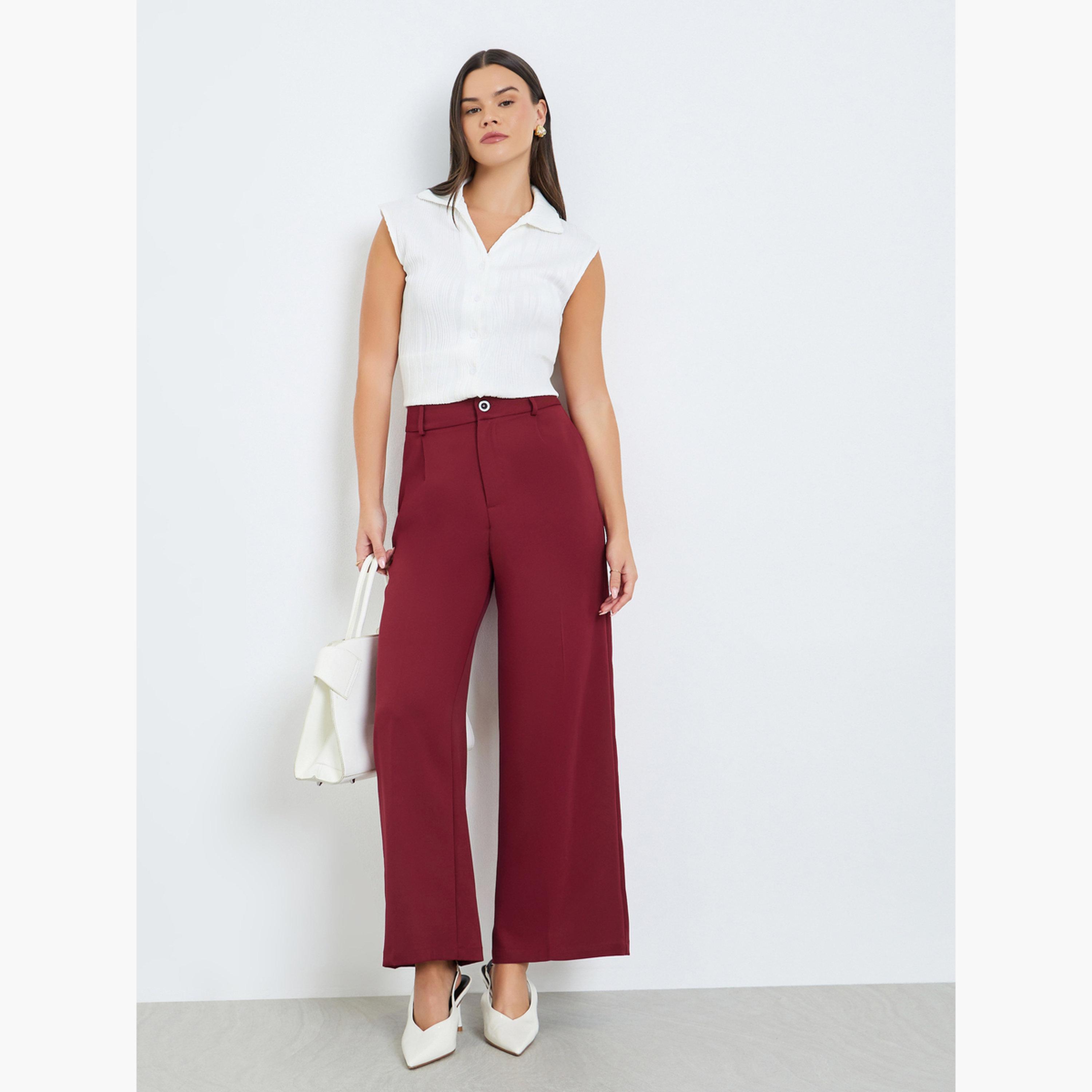 Take Two Burgundy Solid Wide Leg Trousers-women-clothing-bottoms-trousers-image-2