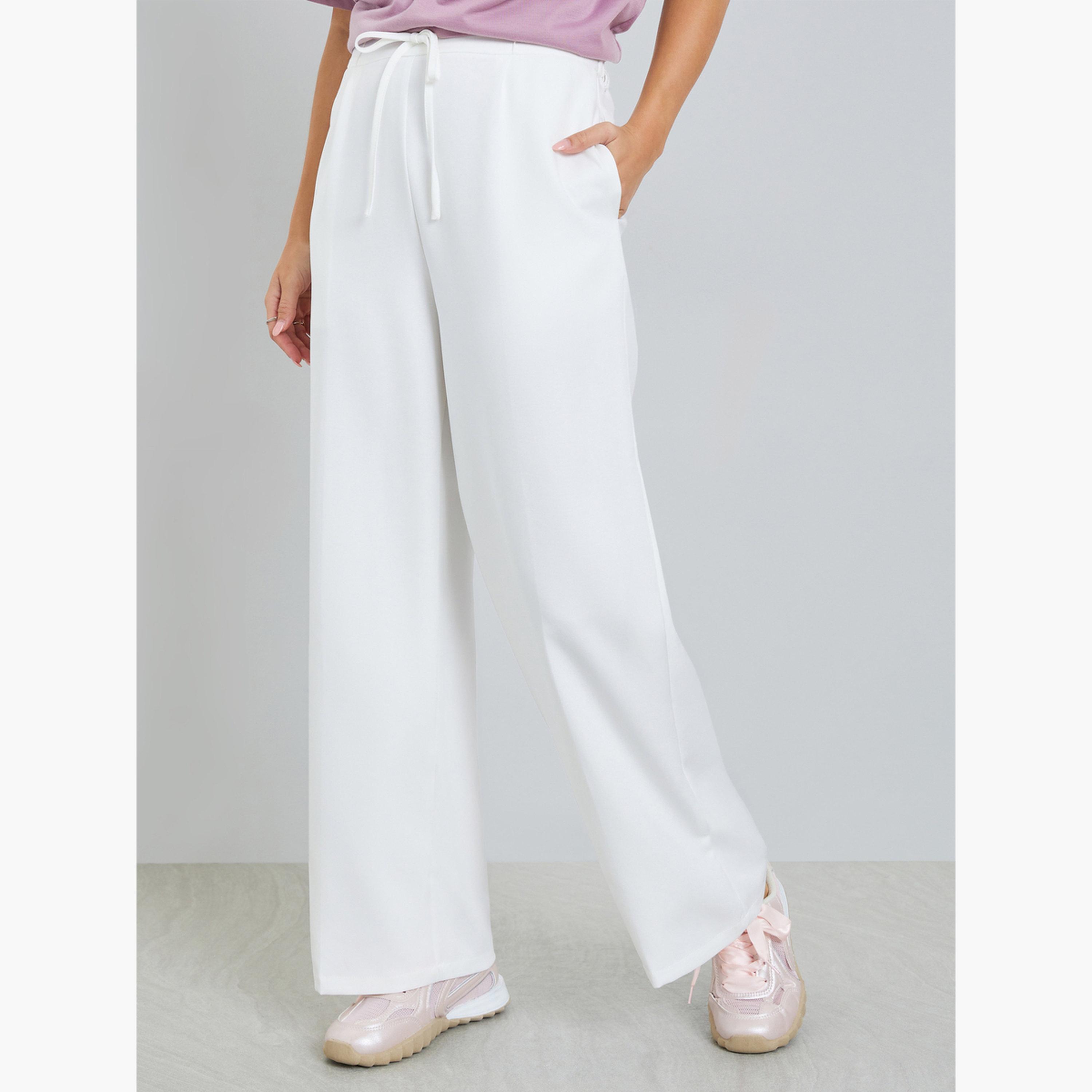 بنطال أبيض واسع الساق برباط-women-clothing-bottoms-trousers-image-1