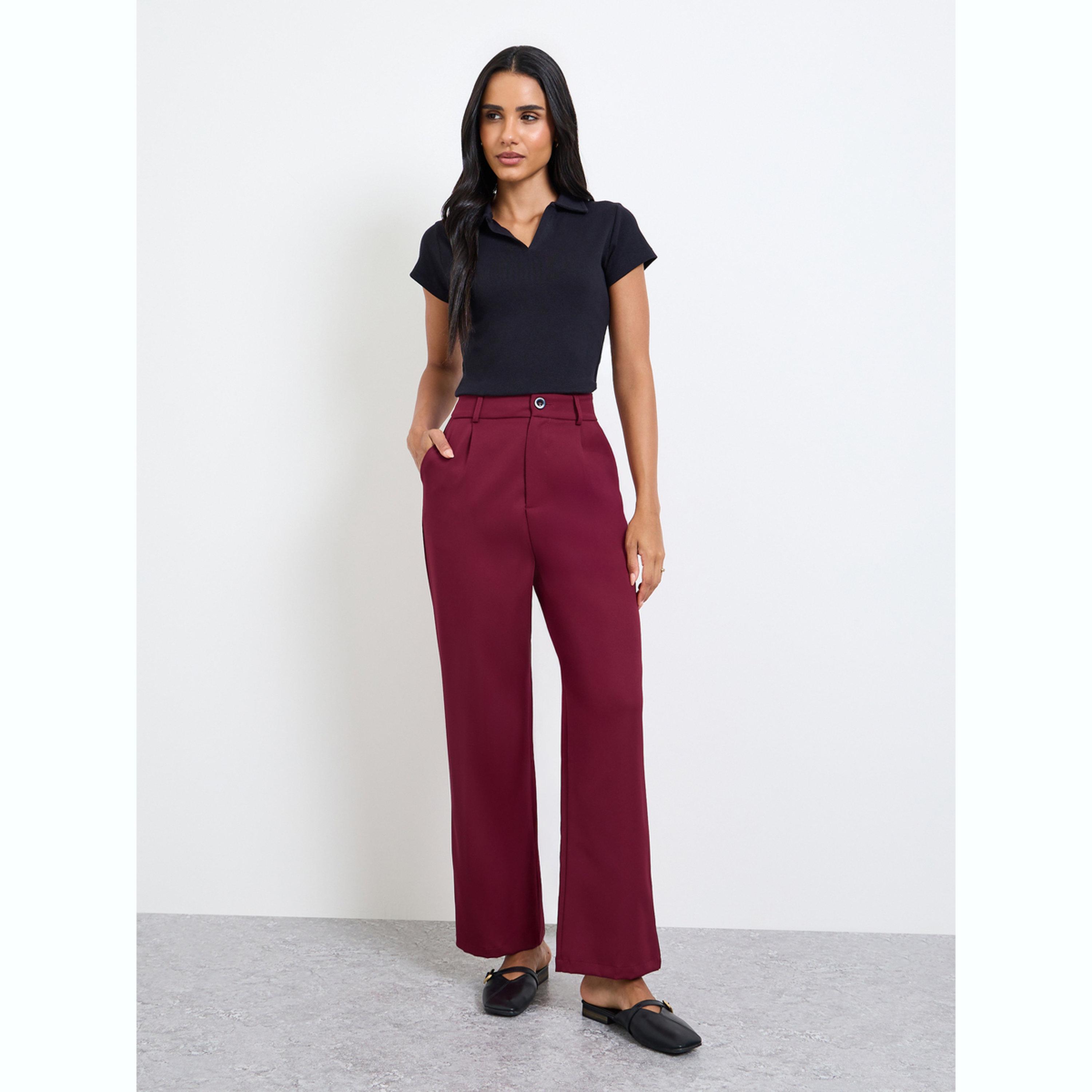 Take Two Burgundy Solid Straight Leg Pants-women-clothing-bottoms-trousers-image-2