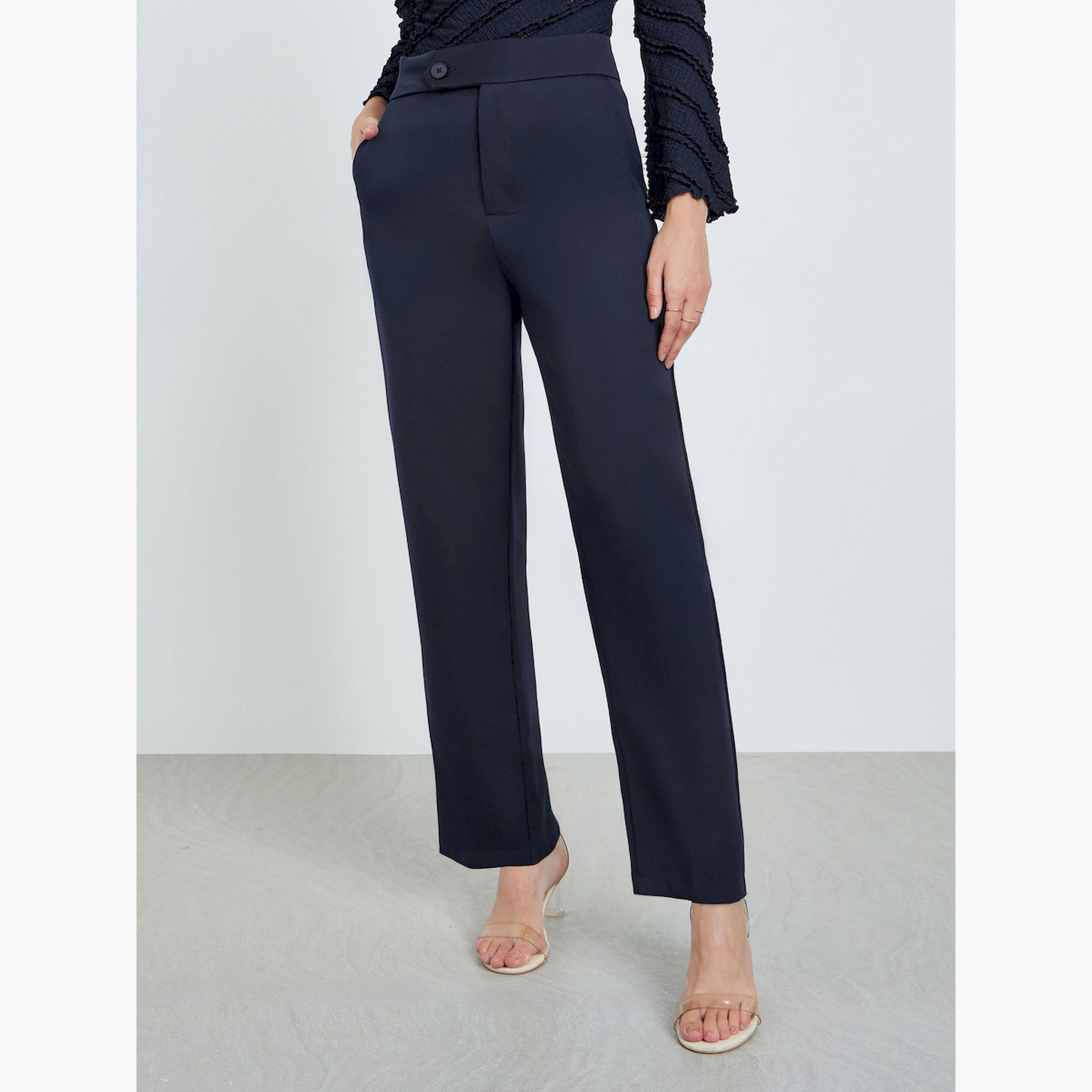 Take Two Navy Blue High Rise Straight Fit Trousers-women-clothing-bottoms-trousers-image-1