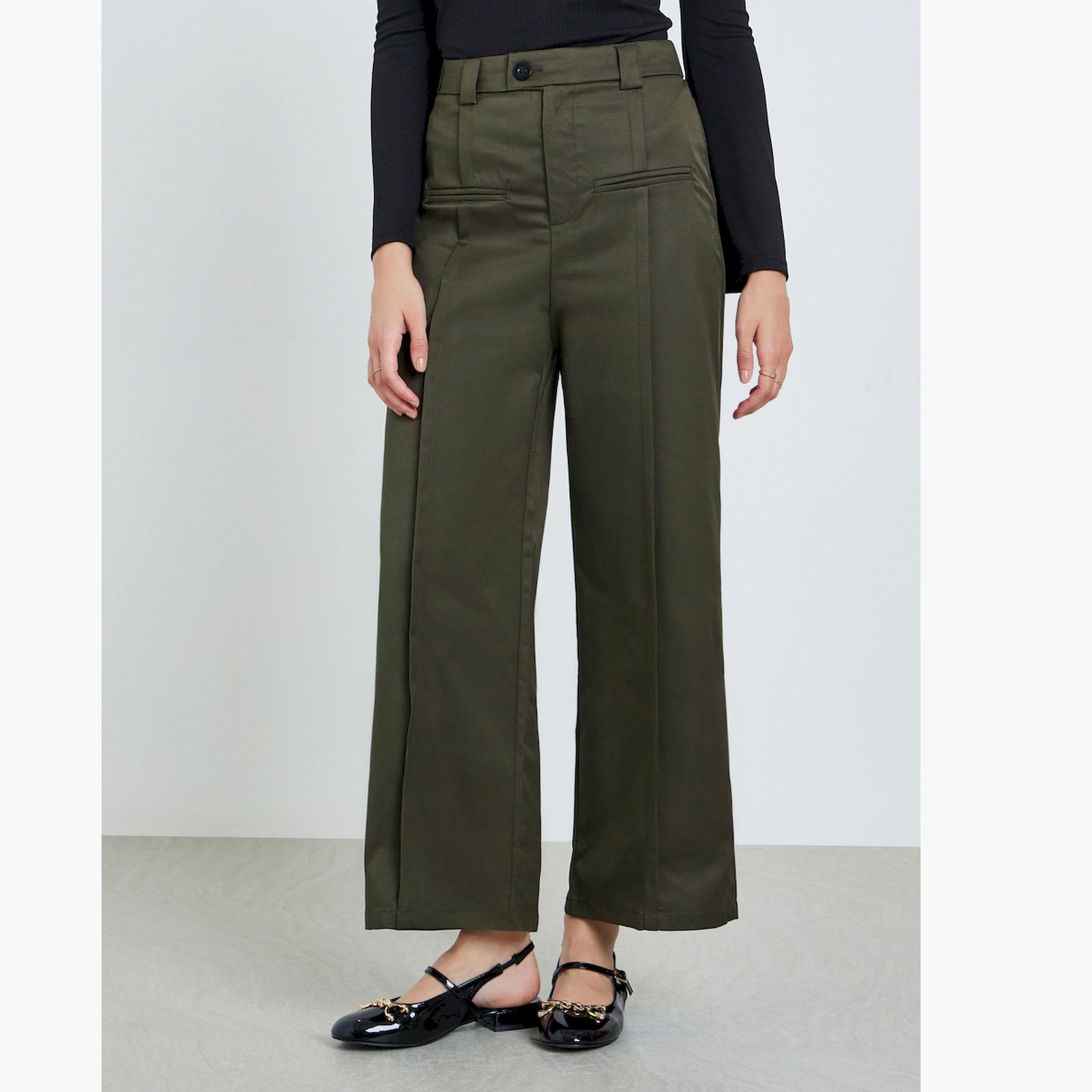 بنطال كاكي أرجل واسعة وتفاصيل بن تول-women-clothing-bottoms-trousers-image-1
