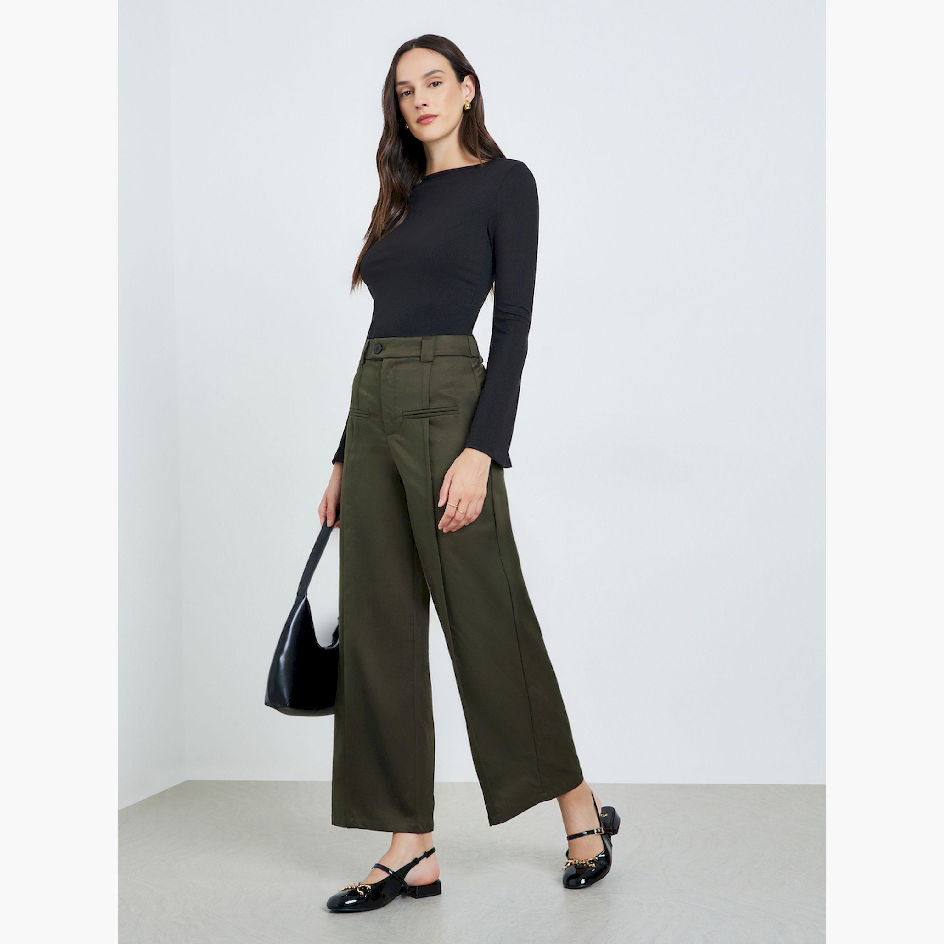 بنطال كاكي أرجل واسعة وتفاصيل بن تول-women-clothing-bottoms-trousers-image-2