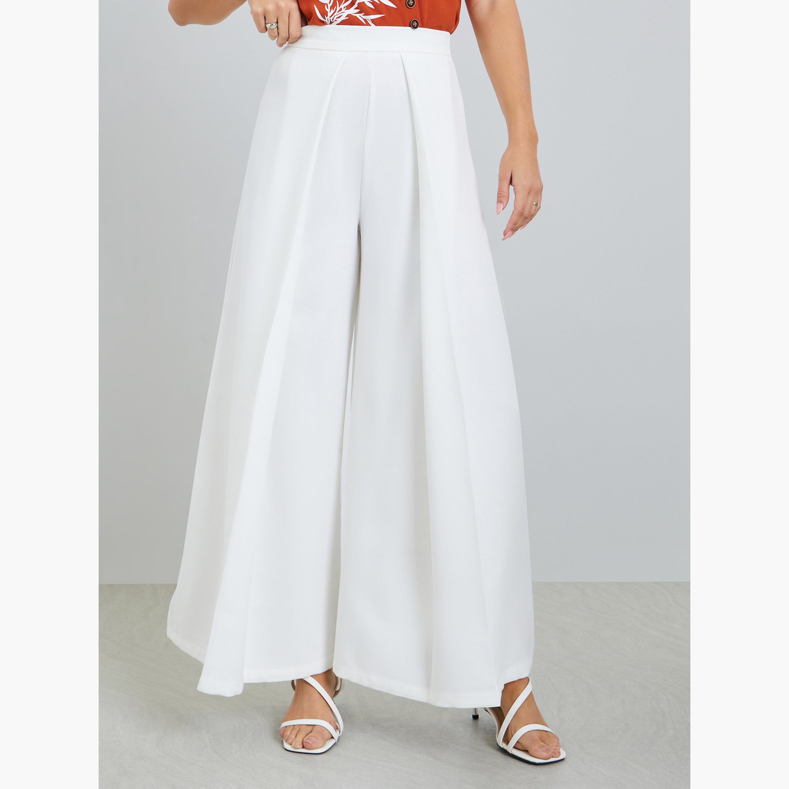 بنطال أبيض واسع الساق بتفاصيل كسرات-women-clothing-bottoms-trousers-image-1