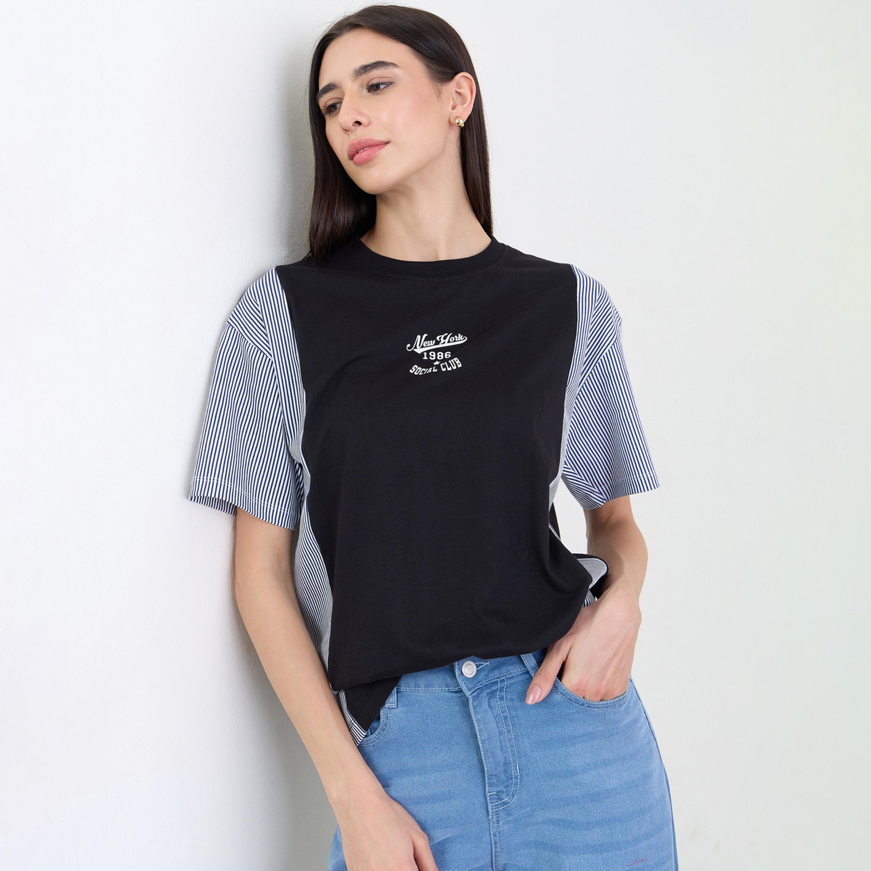 Styli Black Oversized Slogan Printed 100% Cotton T-Shirt-women-clothing-tshirts-image-1