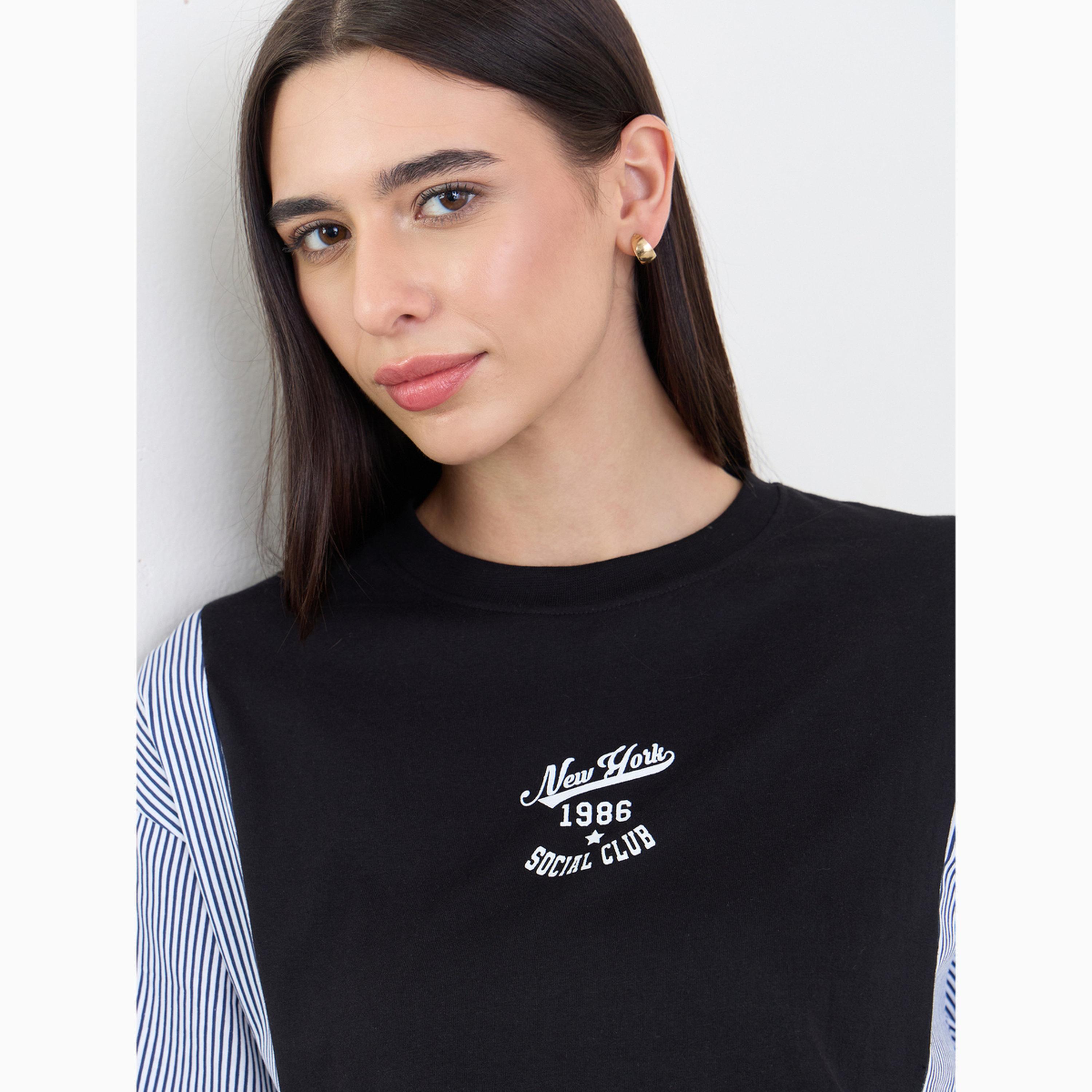Styli Black Oversized Slogan Printed 100% Cotton T-Shirt-women-clothing-tshirts-image-4
