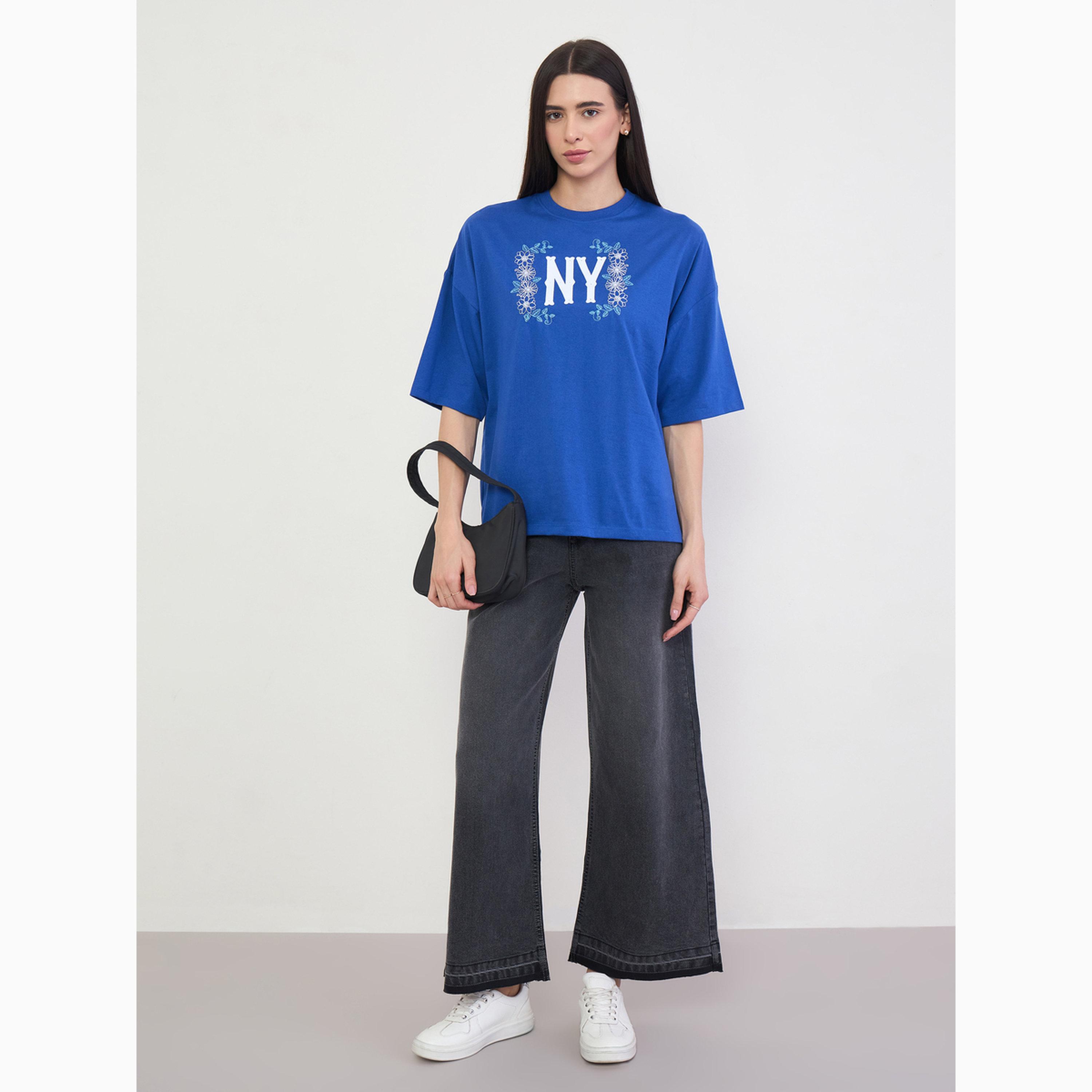 Styli Blue Oversized NY Print T-Shirt with Embroidery-women-clothing-tshirts-image-2