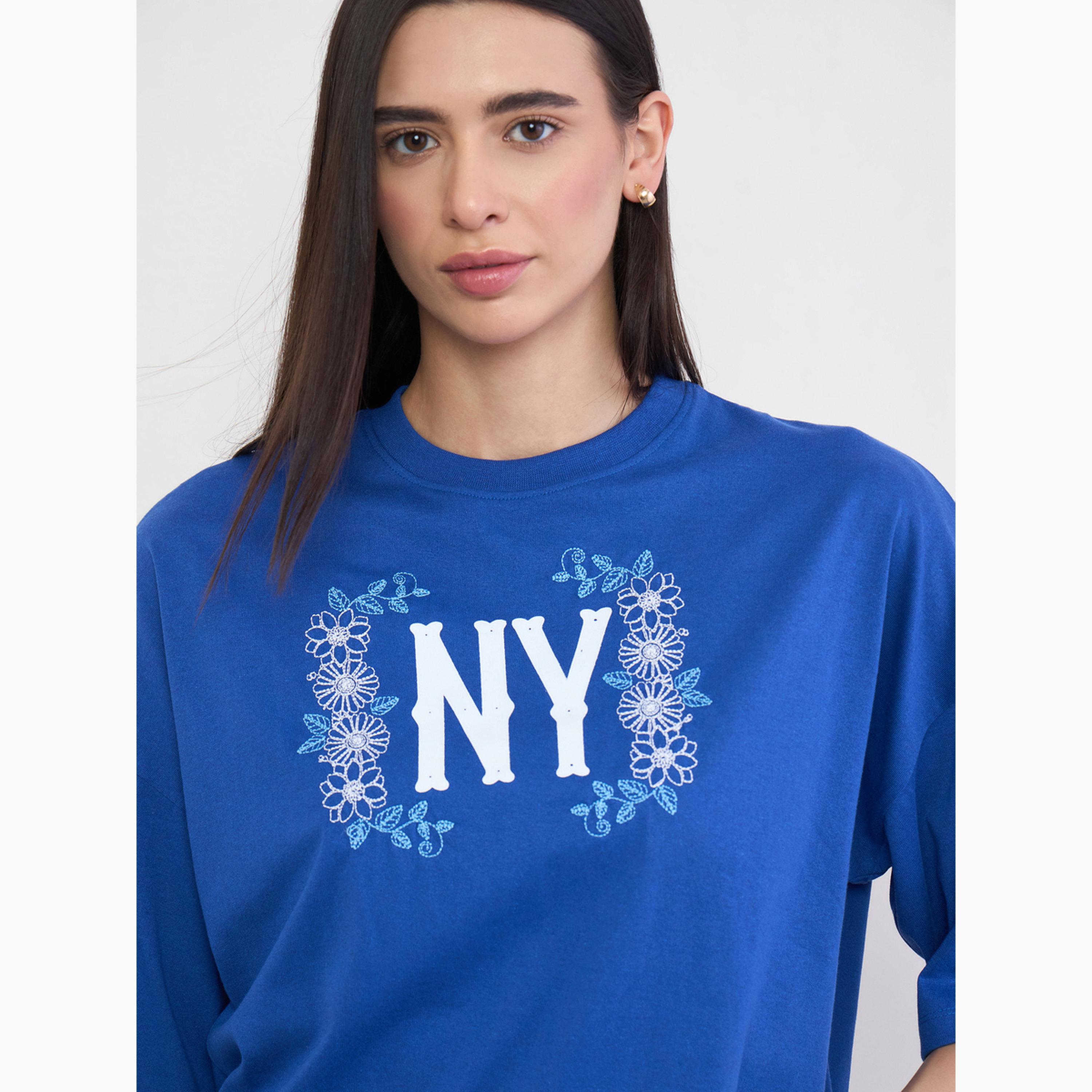 Styli Blue Oversized NY Print T-Shirt with Embroidery-women-clothing-tshirts-image-4