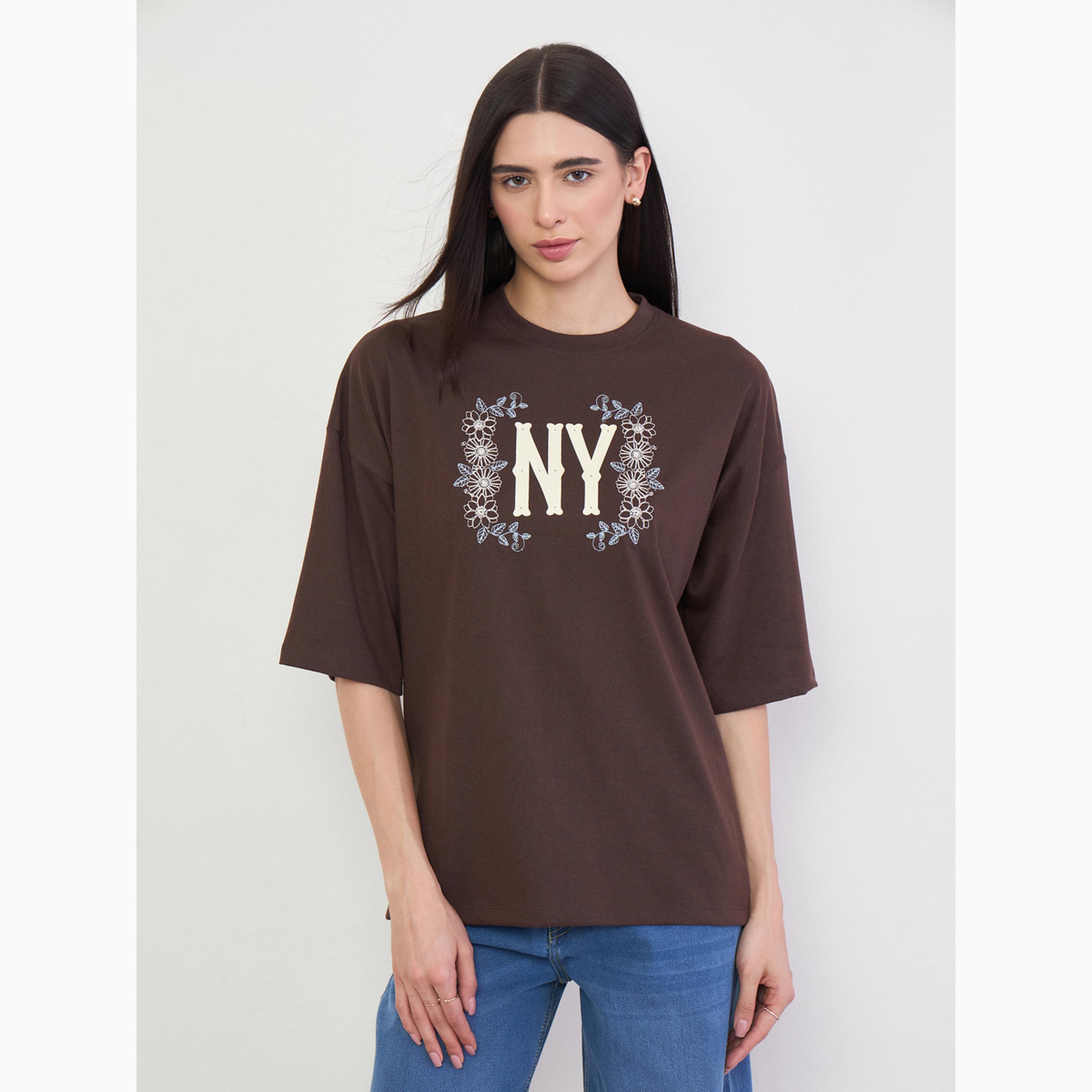 Styli Brown Oversized NY Print T-Shirt with Embroidery-women-clothing-tshirts-image-1