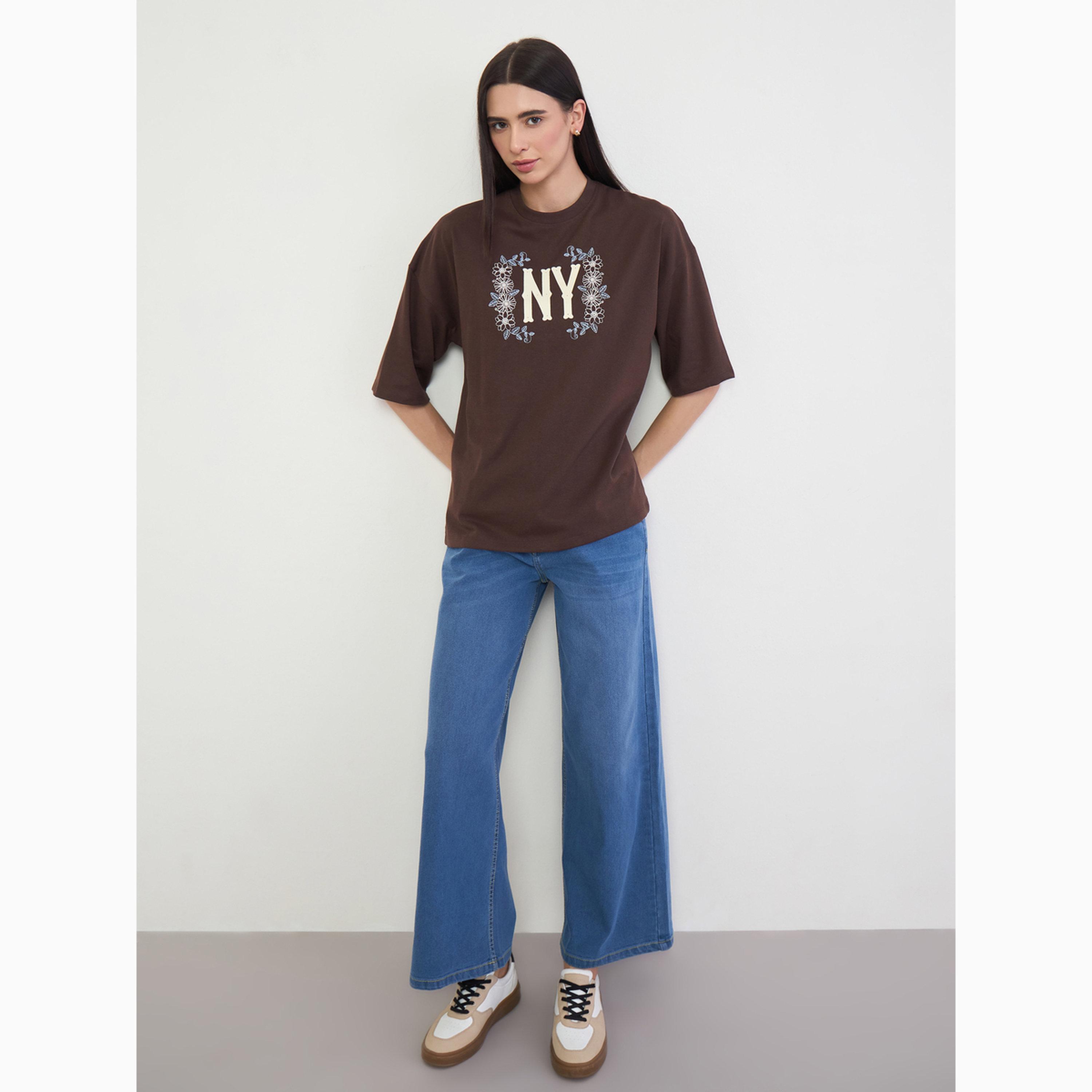 Styli Brown Oversized NY Print T-Shirt with Embroidery-women-clothing-tshirts-image-2