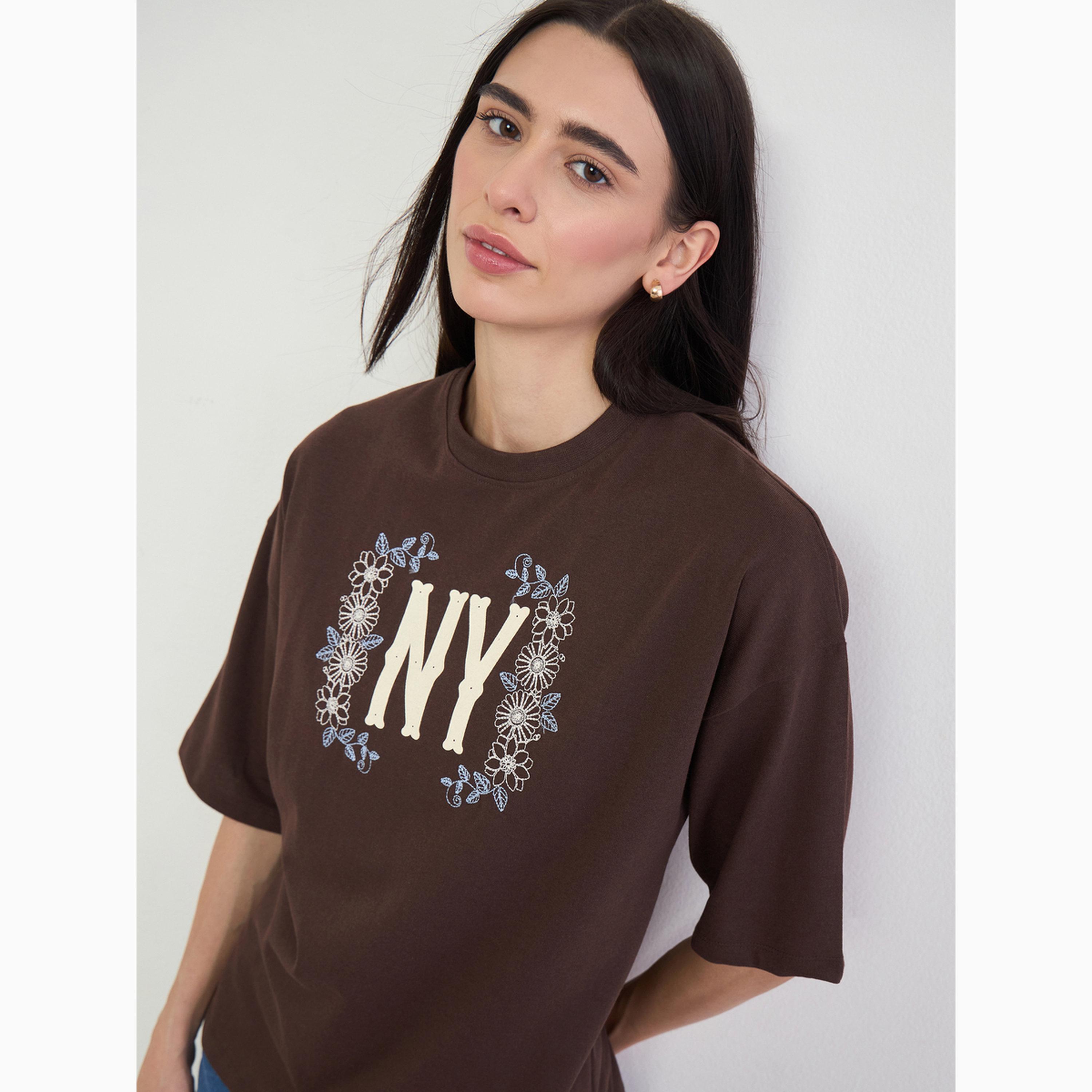 Styli Brown Oversized NY Print T-Shirt with Embroidery-women-clothing-tshirts-image-3