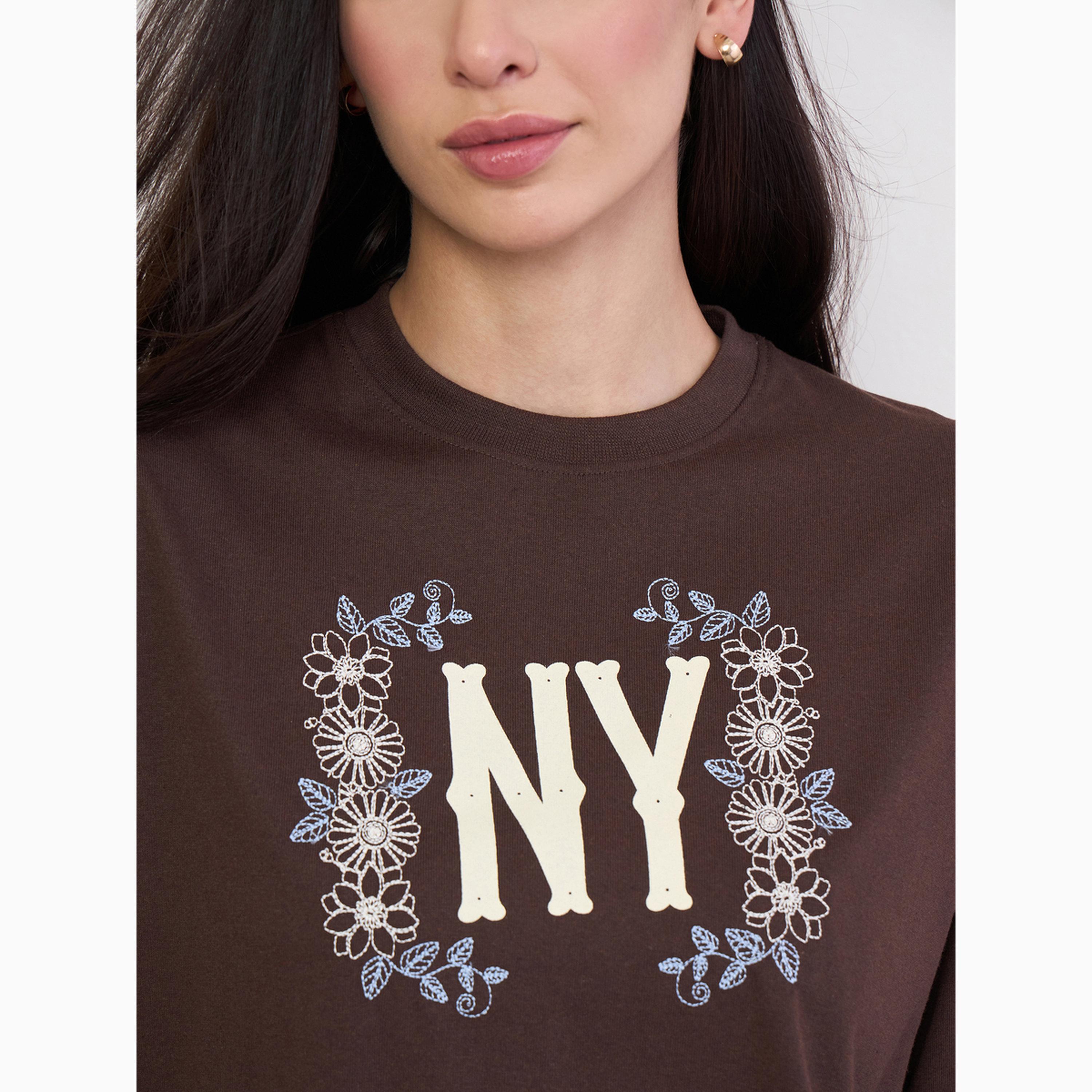 Styli Brown Oversized NY Print T-Shirt with Embroidery-women-clothing-tshirts-image-4