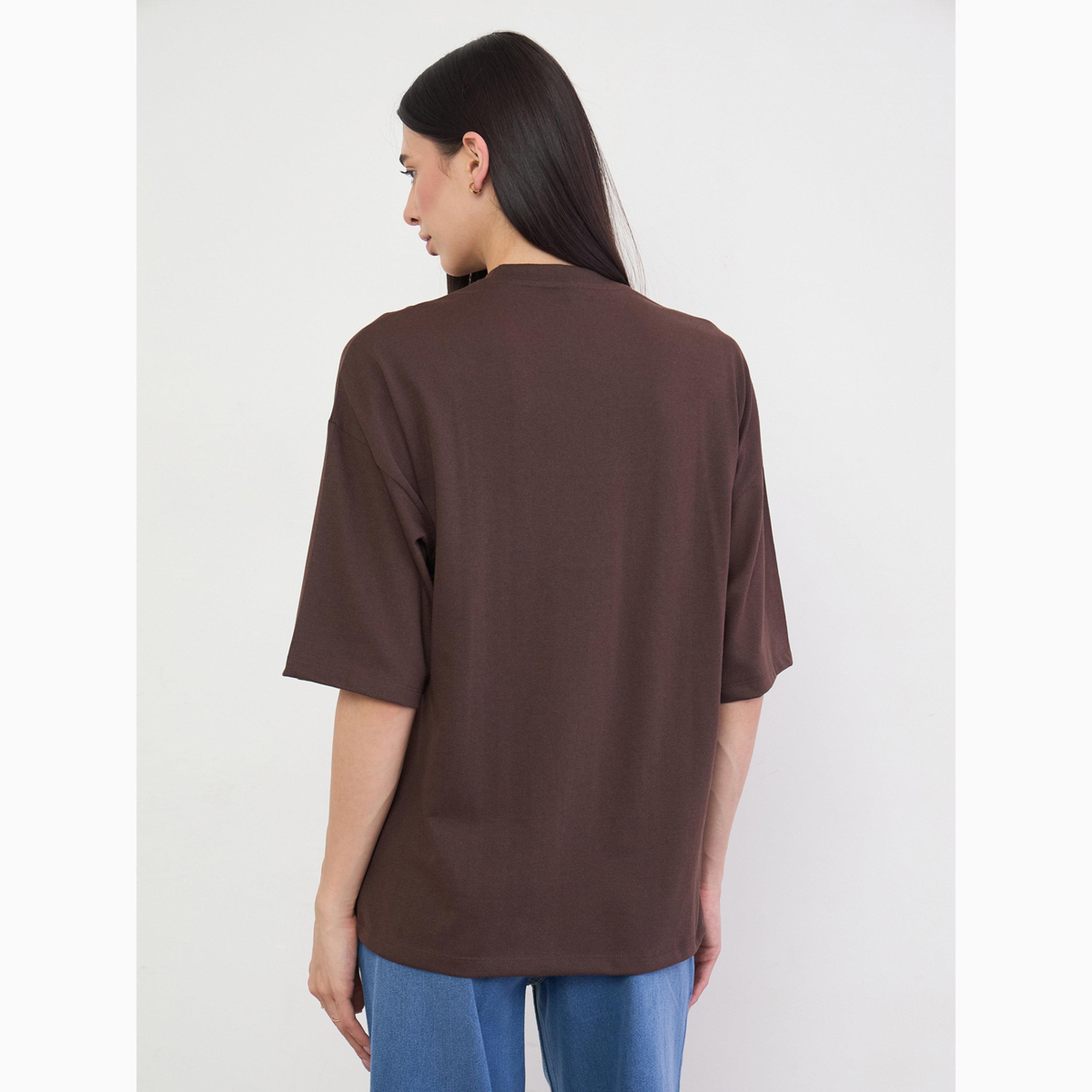 تيشيرت بني بطبعة NY وتطريز وقصة واسعة-women-clothing-tshirts-image-5