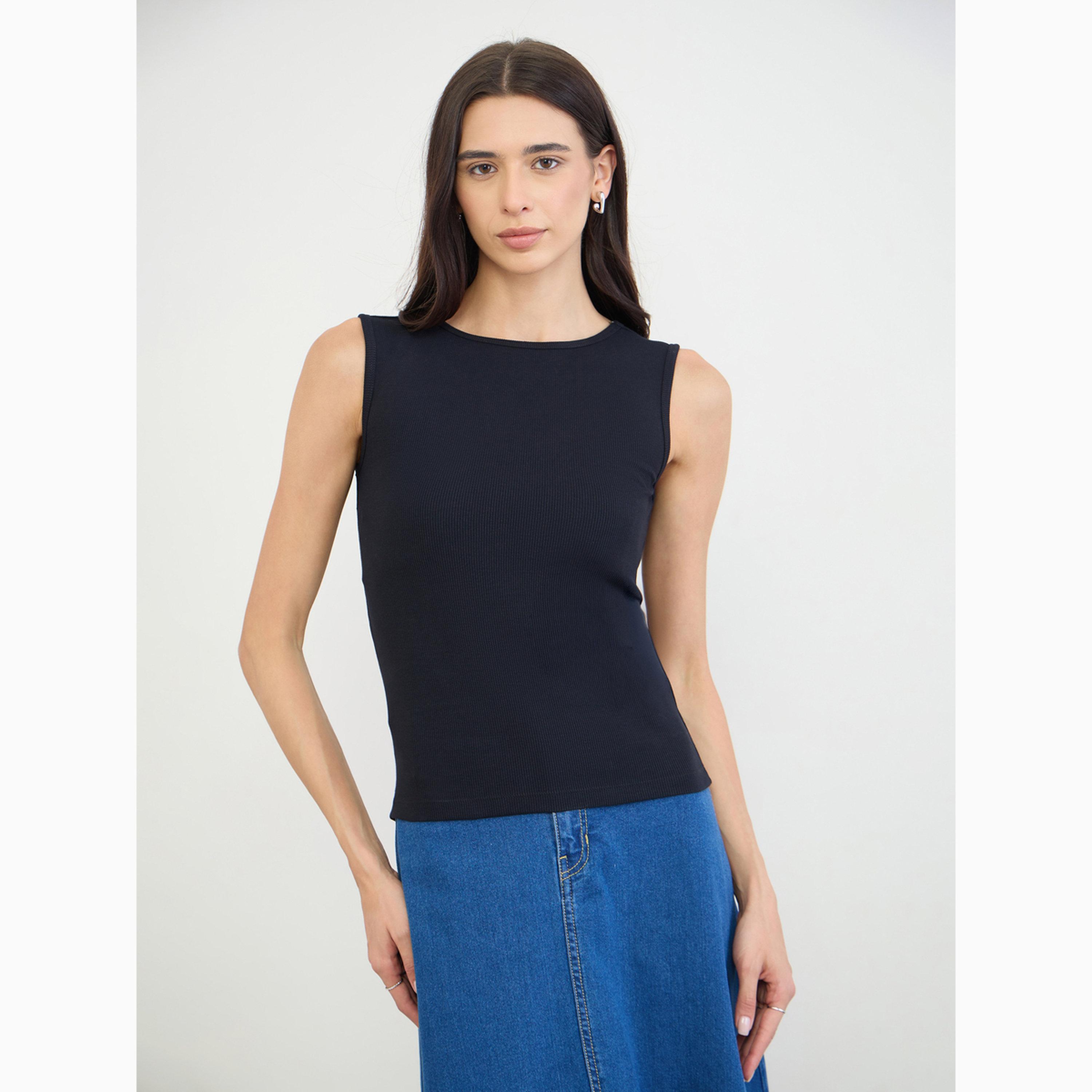 Styli Black Sleeveless Boat Neck Tank Top-women-clothing-tshirts-image-1
