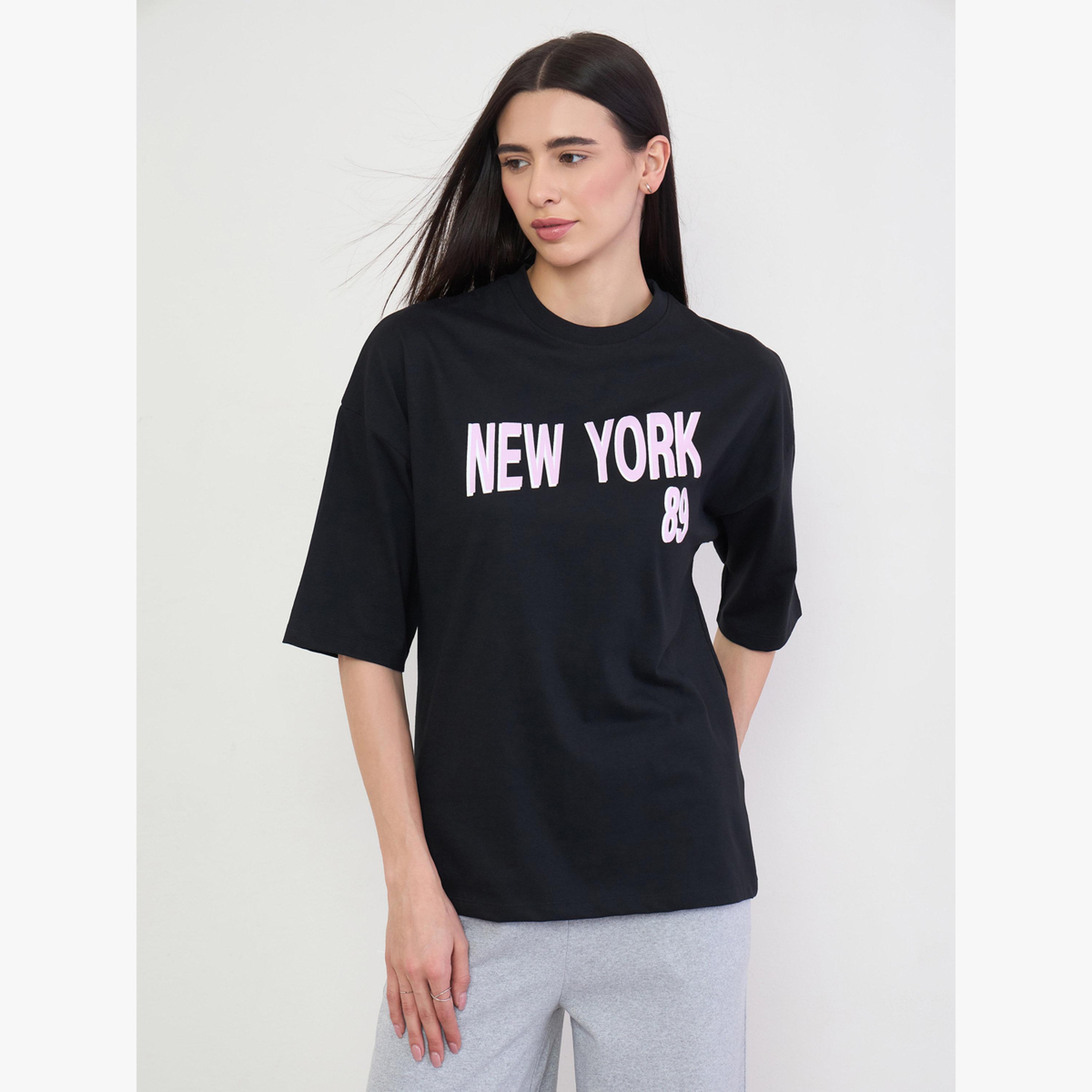 Styli Black Oversized Slogan Print T-Shirt-women-clothing-tshirts-image-1