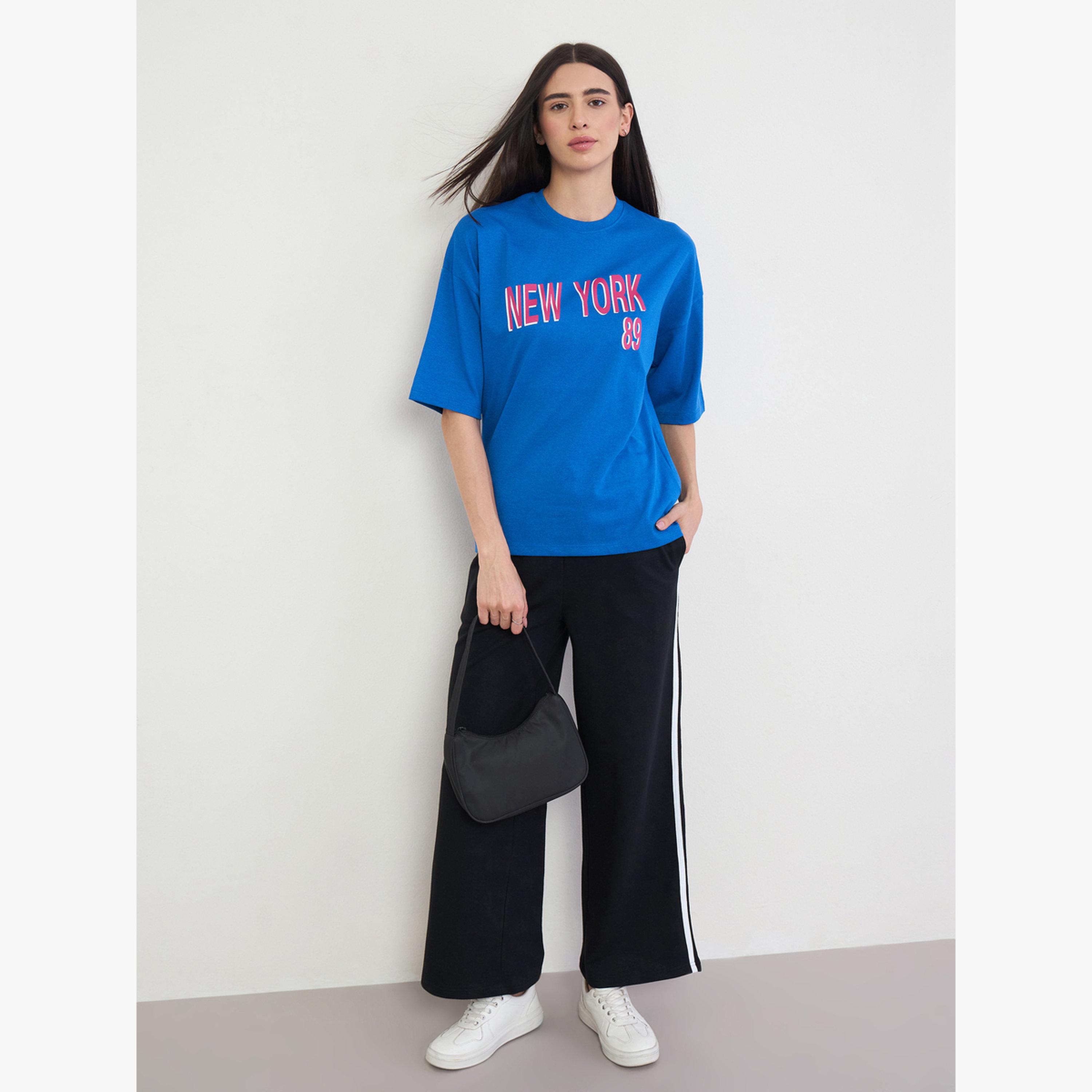 Styli Blue Oversized Slogan Print T-Shirt-women-clothing-tshirts-image-2
