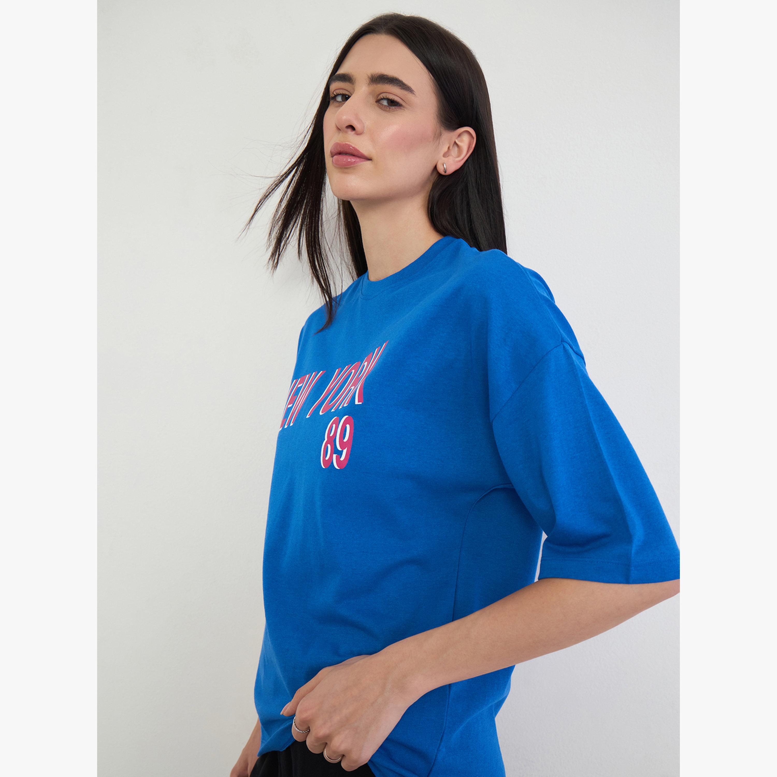 Styli Blue Oversized Slogan Print T-Shirt-women-clothing-tshirts-image-3