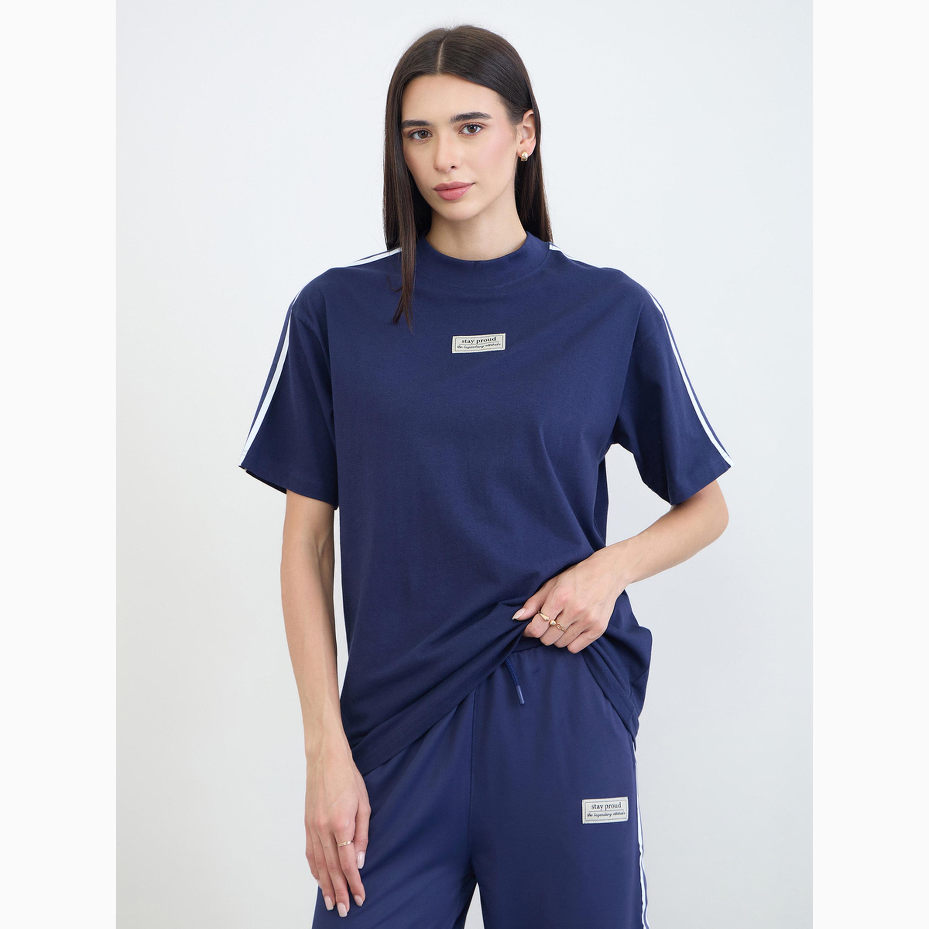 Styli Navy Blue Badge Detail Oversized T-Shirt-women-clothing-tshirts-image-1